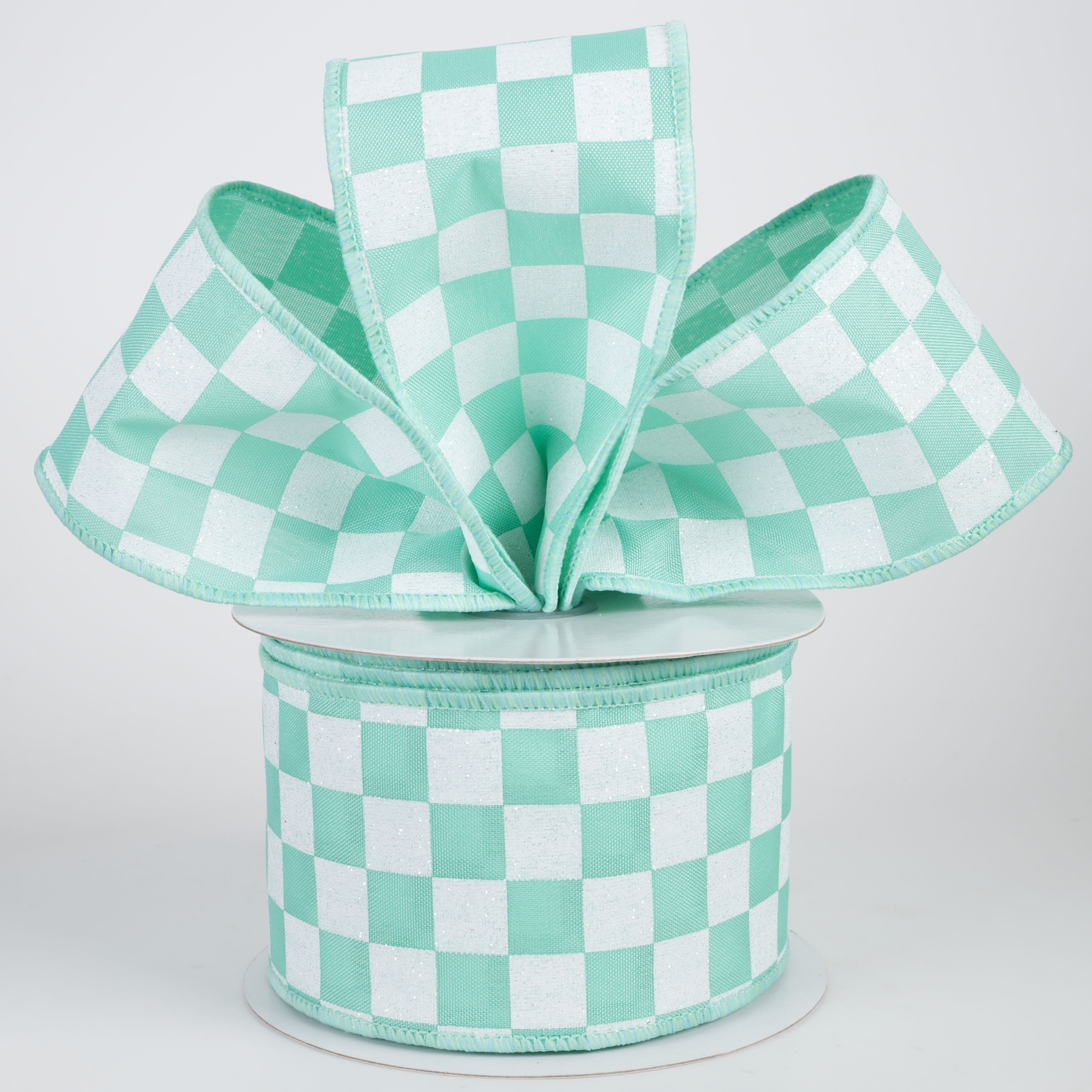2.5" Printed Glitter Race Check Ribbon: White on Mint (10 Yards)