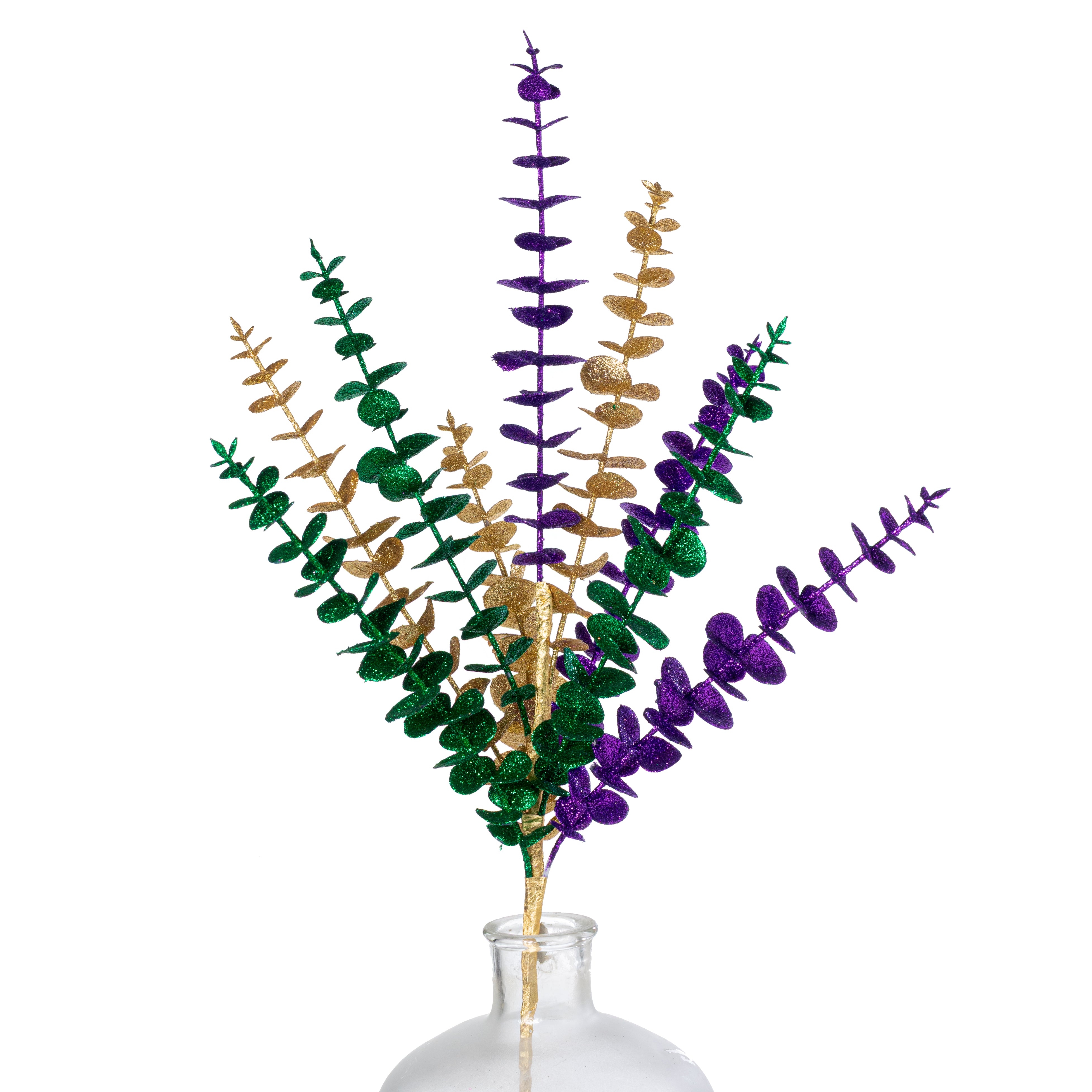 27" Glittered Eucalyptus Spray: Mardi Gras
