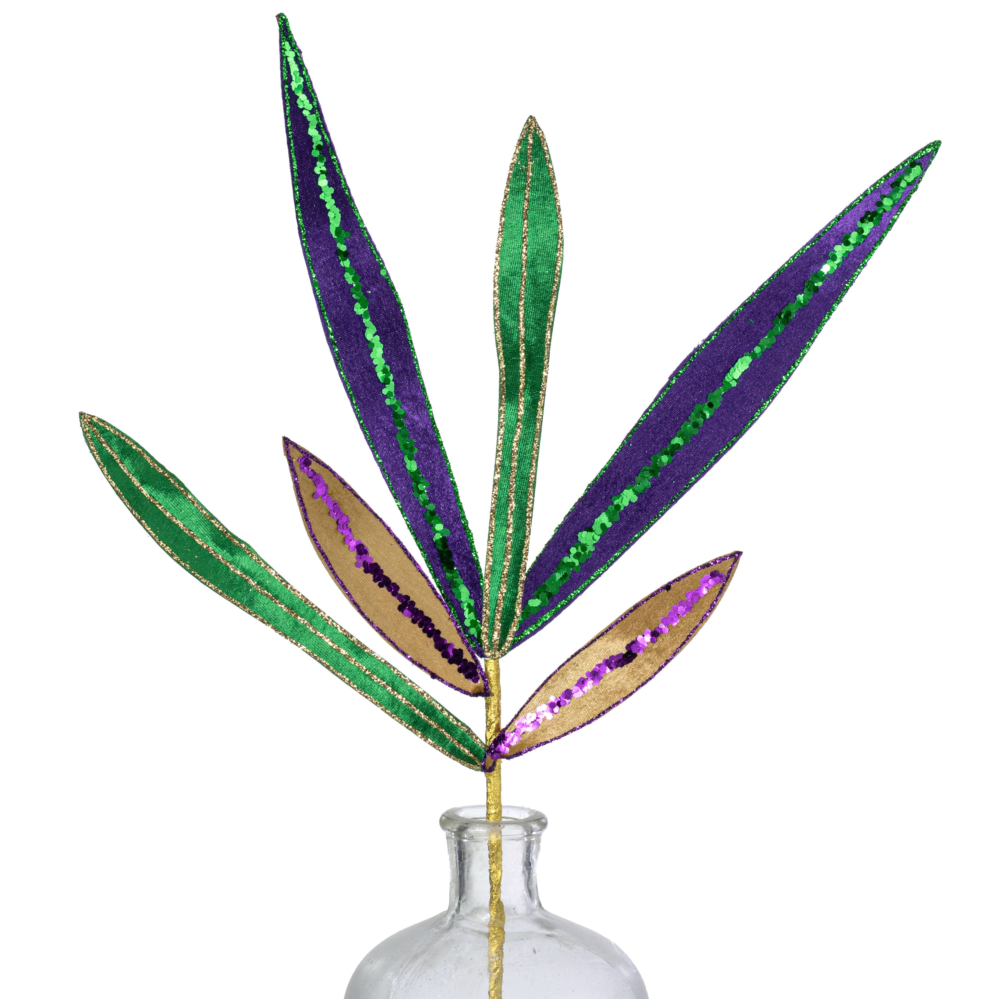 22" Glittered Velvet Skinny Leaf Spray: Mardi Gras