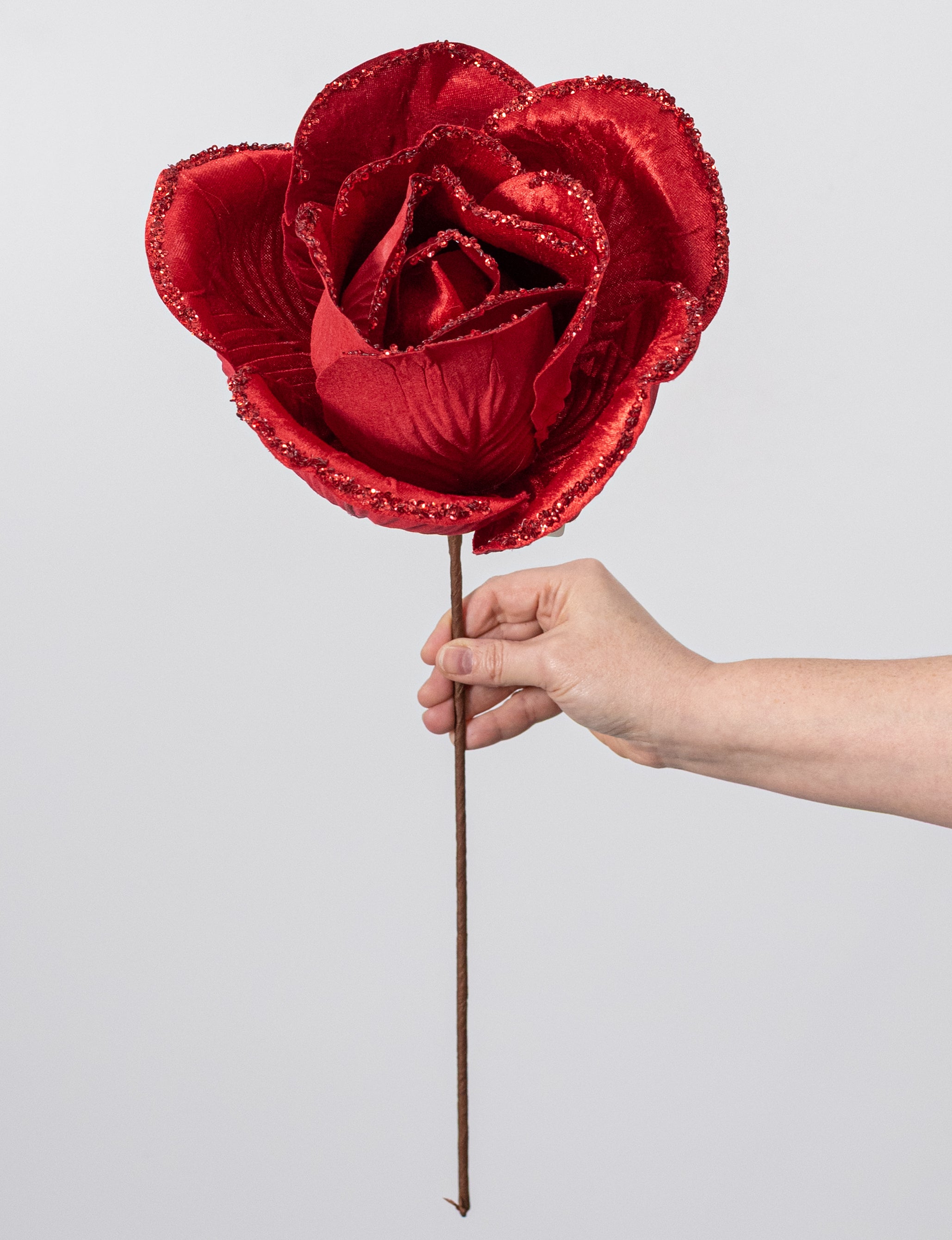 10" x 20" Oversized Velvet & Glitter Rose Stem: Red
