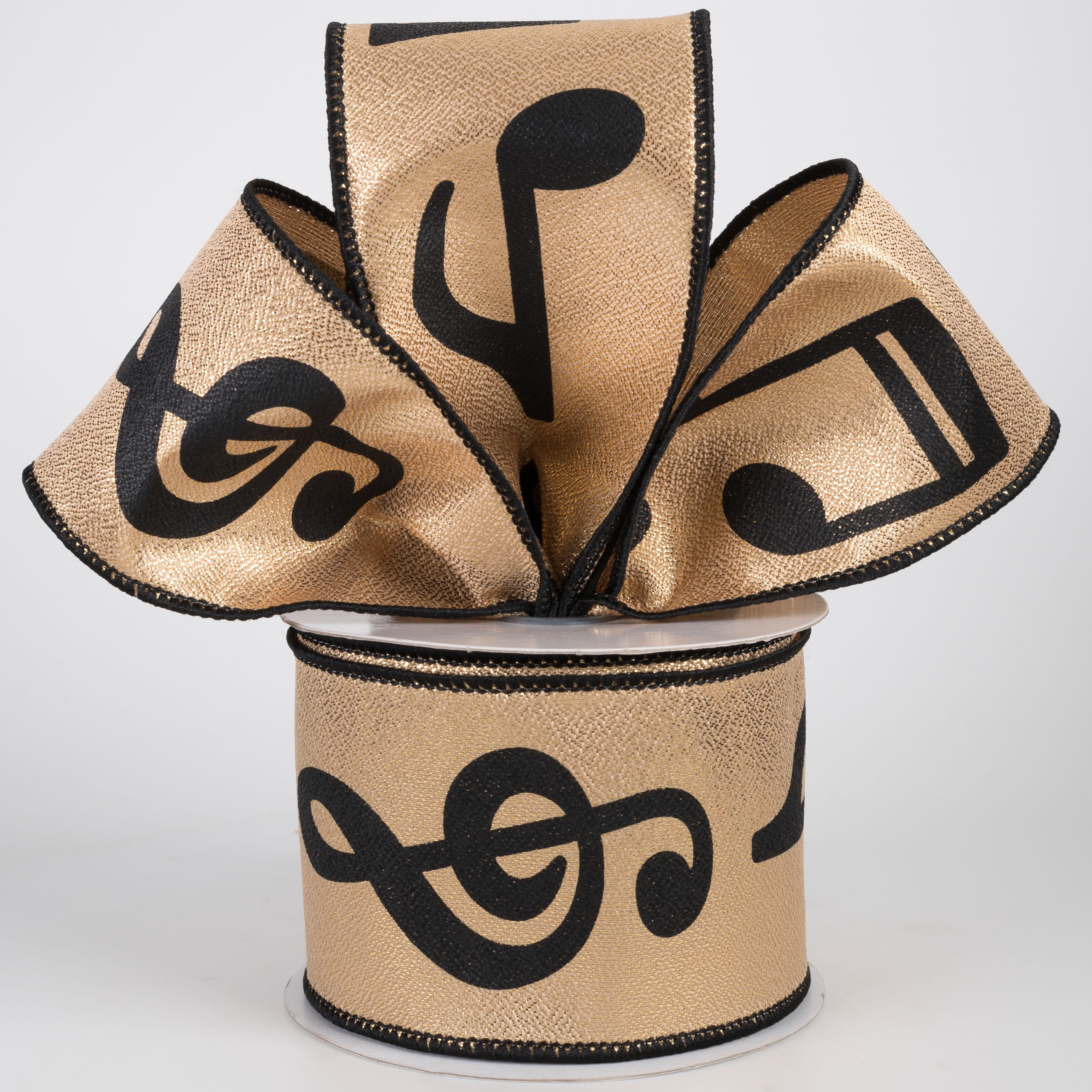 2.5" Bold Music Notes Ribbon: Black on Metallic Gold (10 Yards)