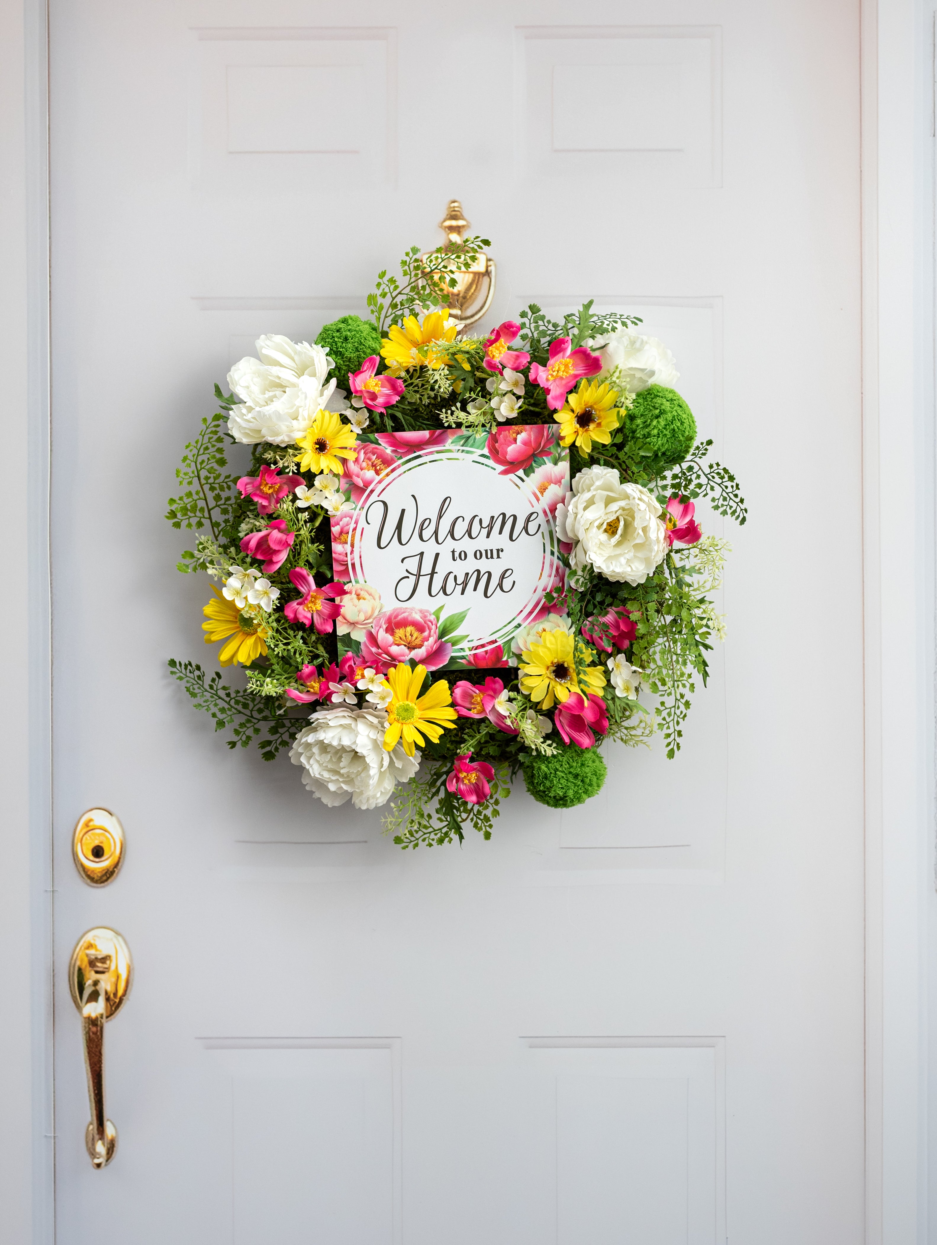 10" Square Wooden Sign: Welcome To Our Home Peonies Flowers