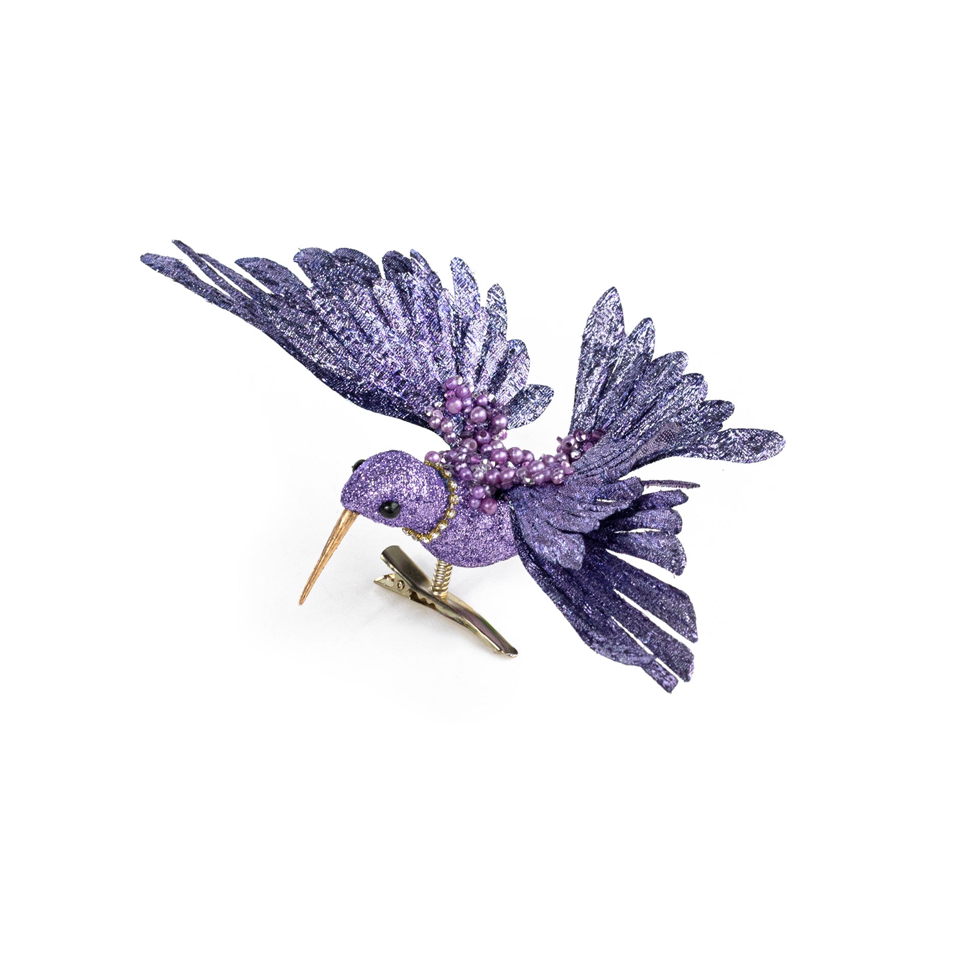 8" Glittered & Jeweled Hummingbird Clip Ornament: Lavender