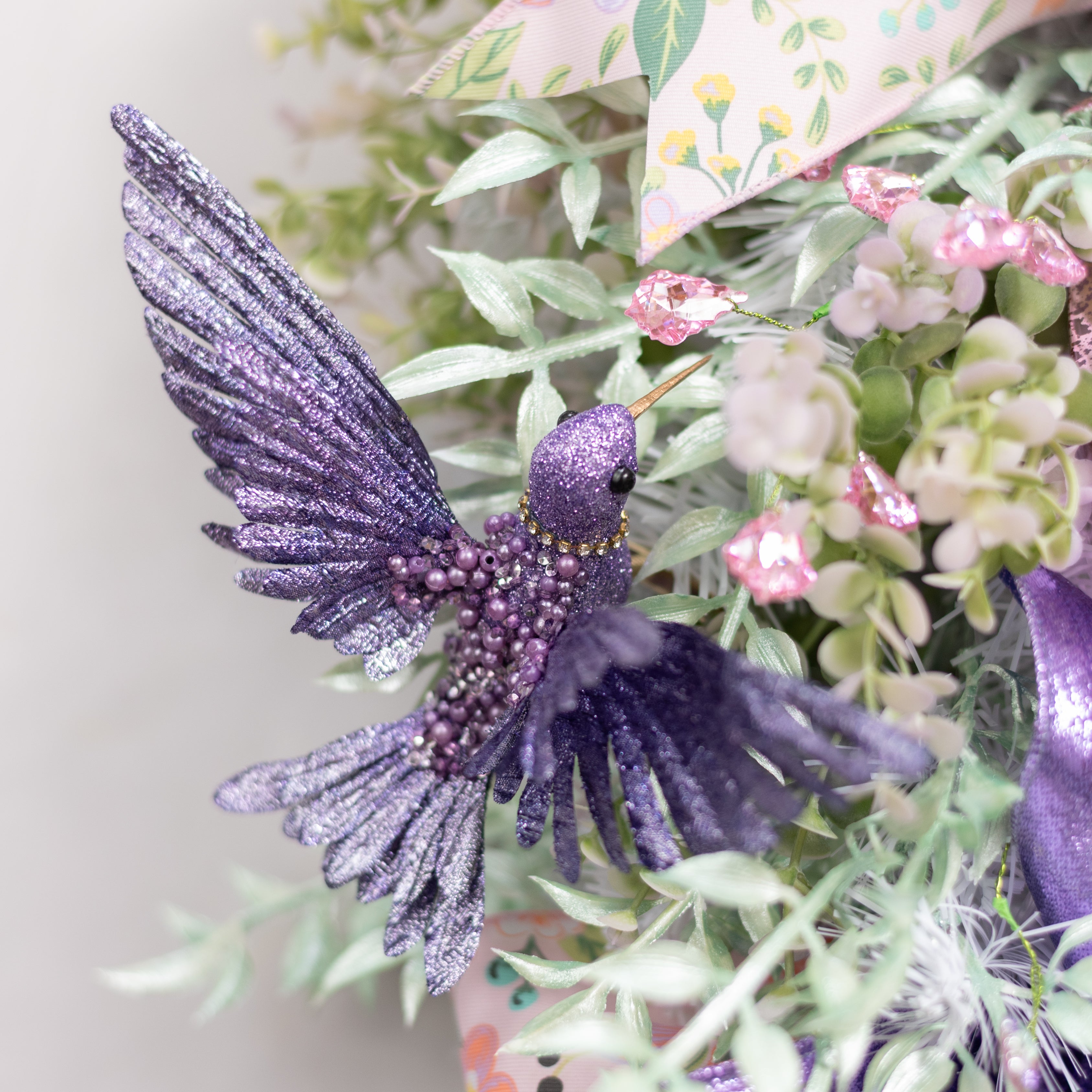 8" Glittered & Jeweled Hummingbird Clip Ornament: Lavender