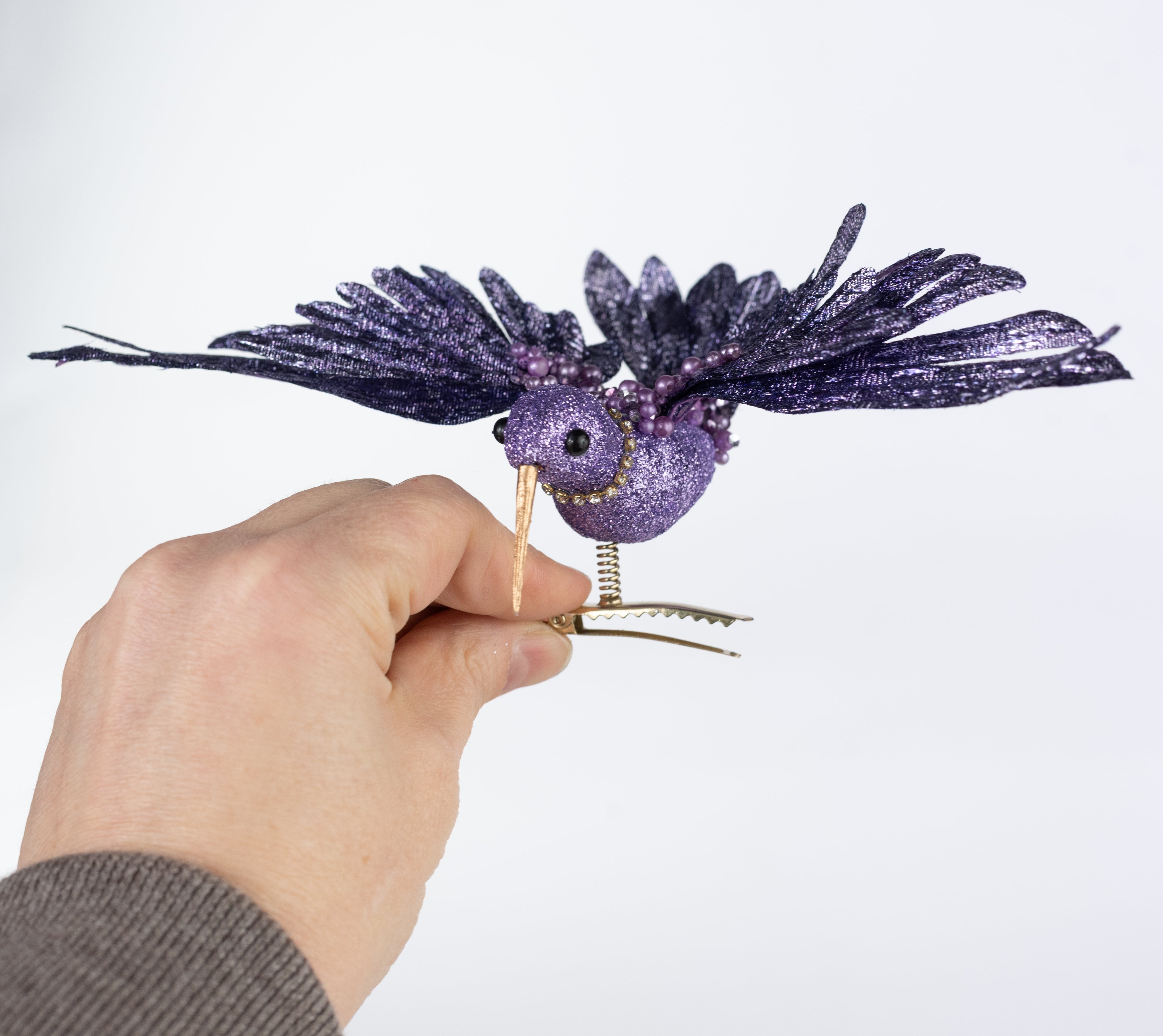 8" Glittered & Jeweled Hummingbird Clip Ornament: Lavender