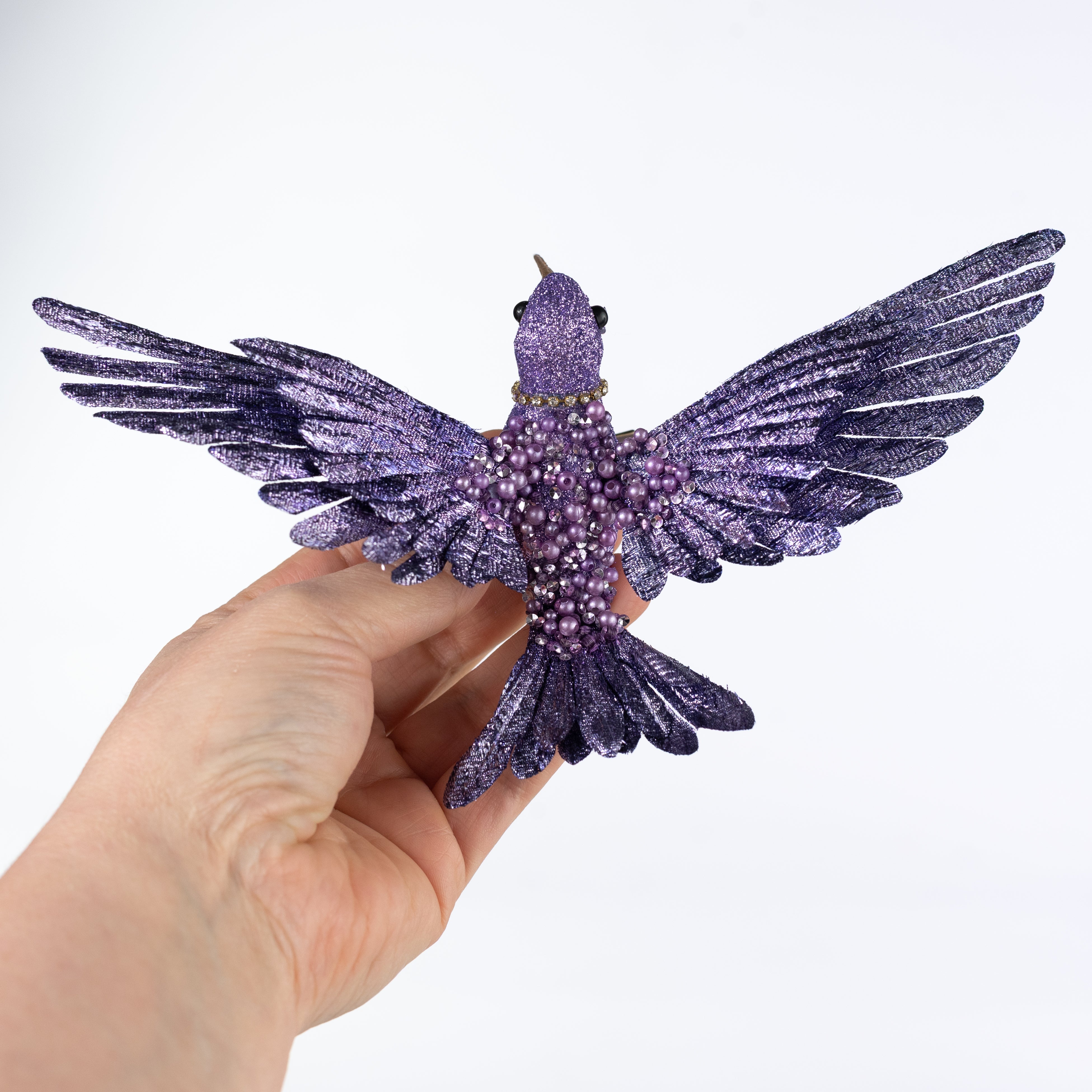8" Glittered & Jeweled Hummingbird Clip Ornament: Lavender