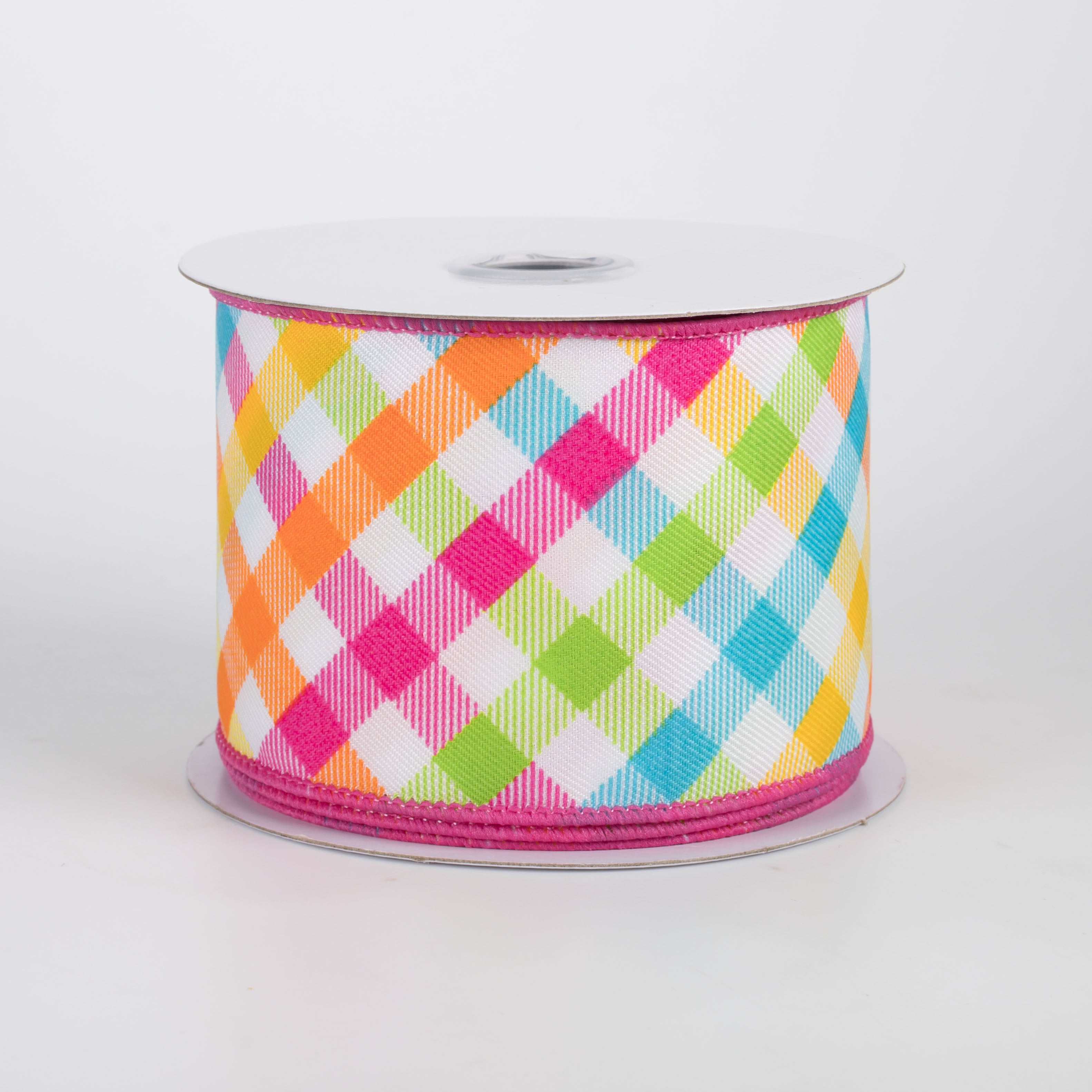 2.5" Multicolor Plaid on Diagonal Weave Ribbon: Neon Brights (10 Yards)