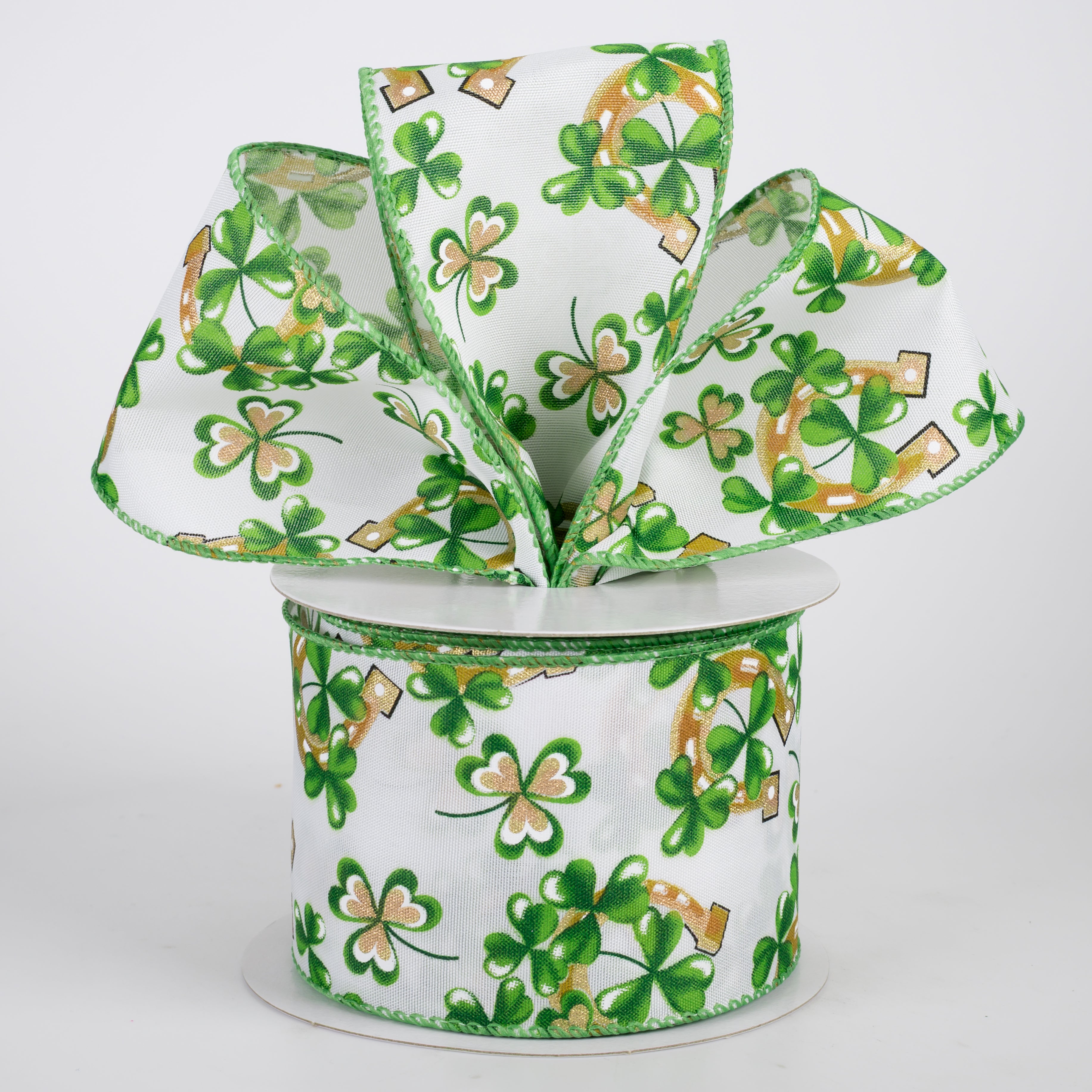 2.5" Satin Shamrocks & Horsehoes Ribbon: White (10 Yards)