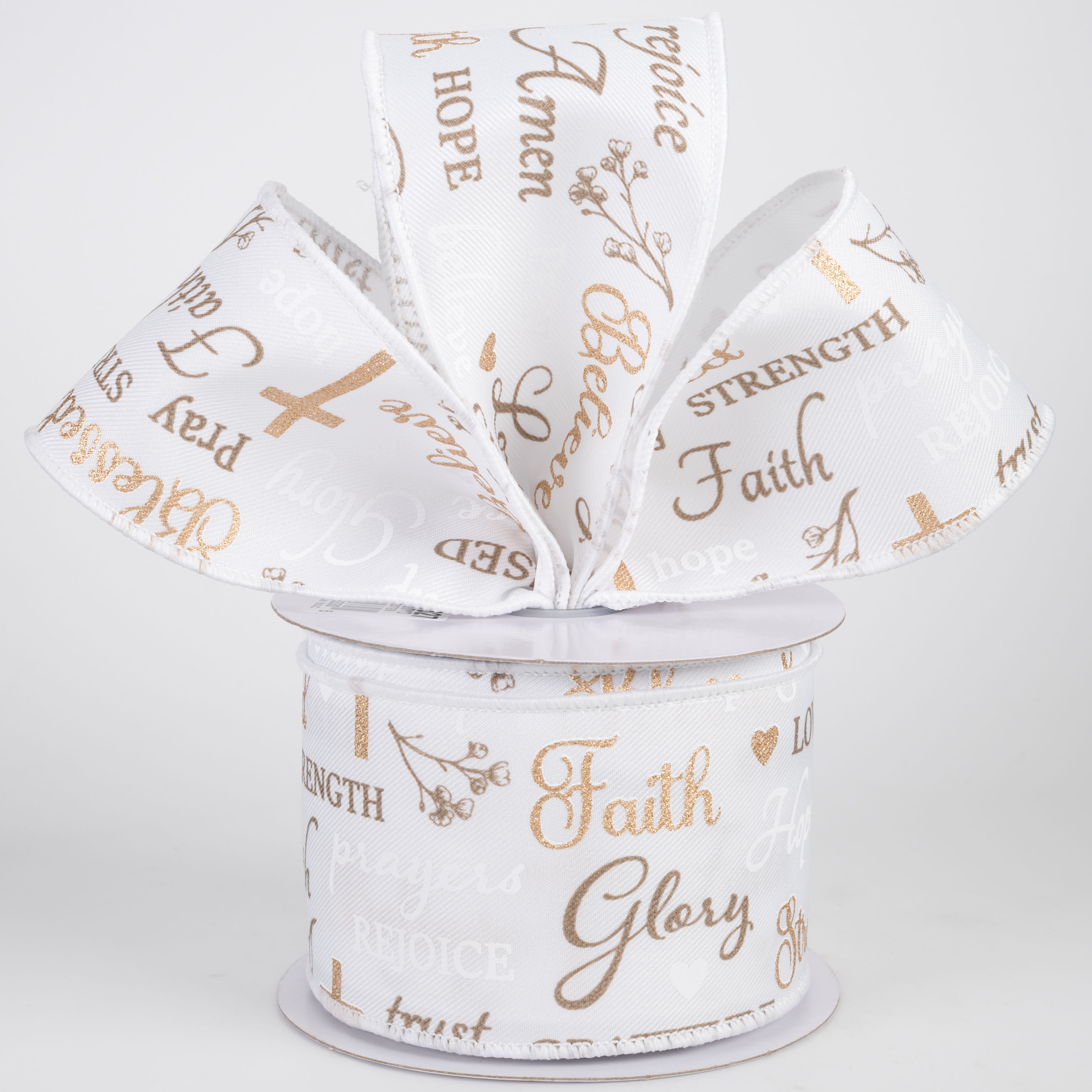 2.5" Words of Faith Ribbon: White (10 Yards)