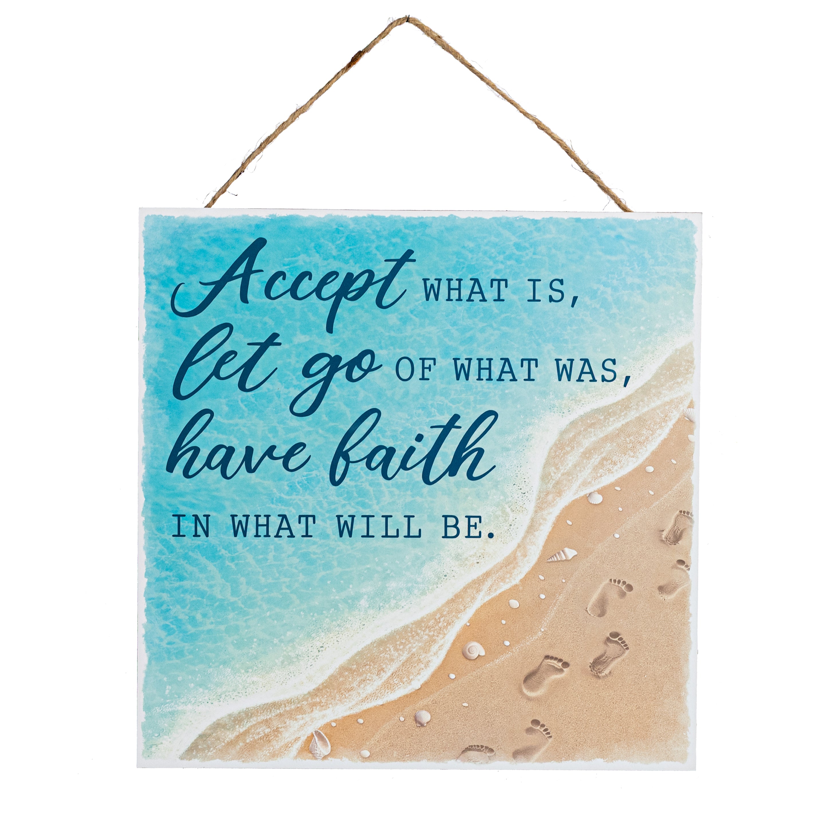 10" Square Wooden Sign: Footprints on the Beach Faith