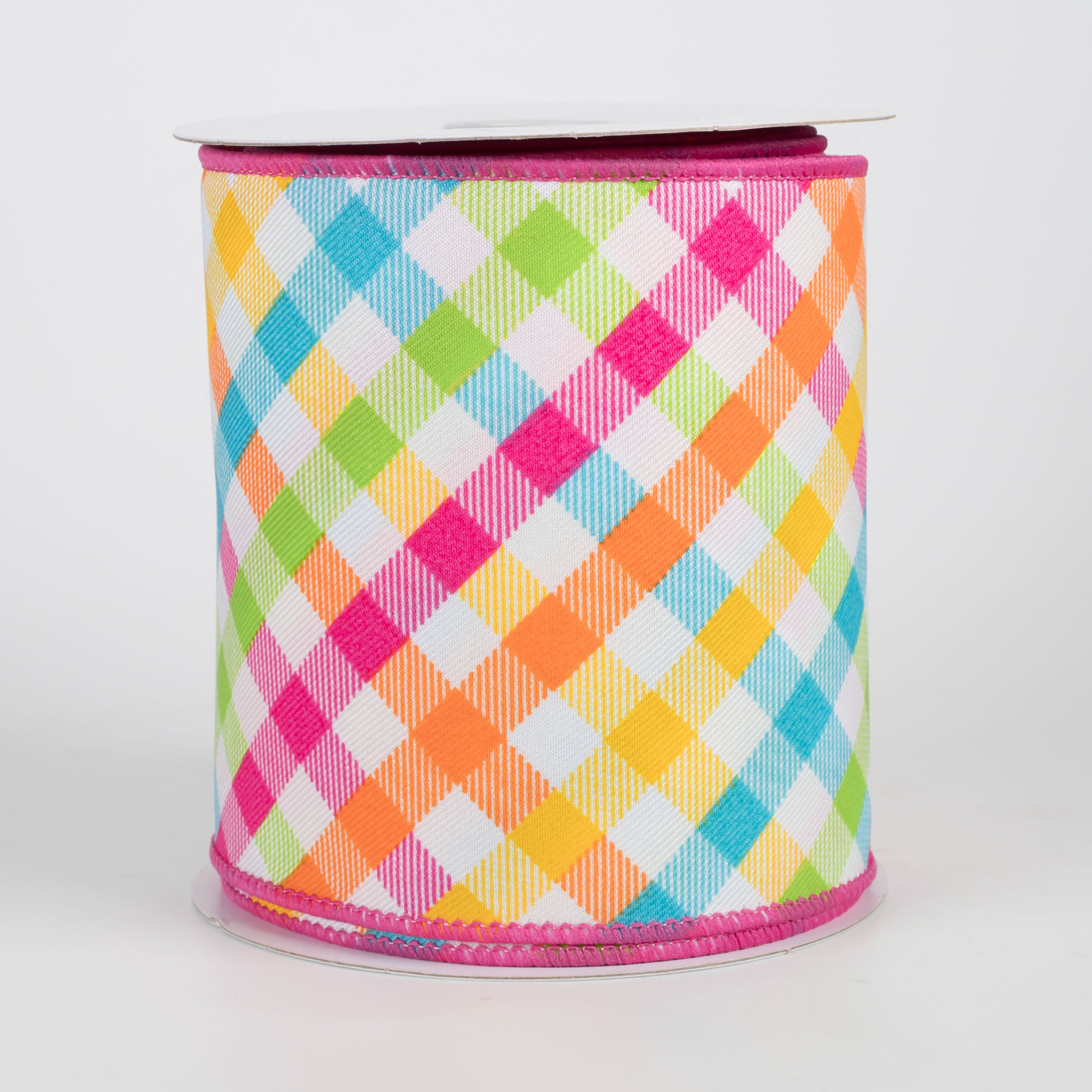 4" Multicolor Plaid on Diagonal Weave Ribbon: Neon Brights (10 Yards)