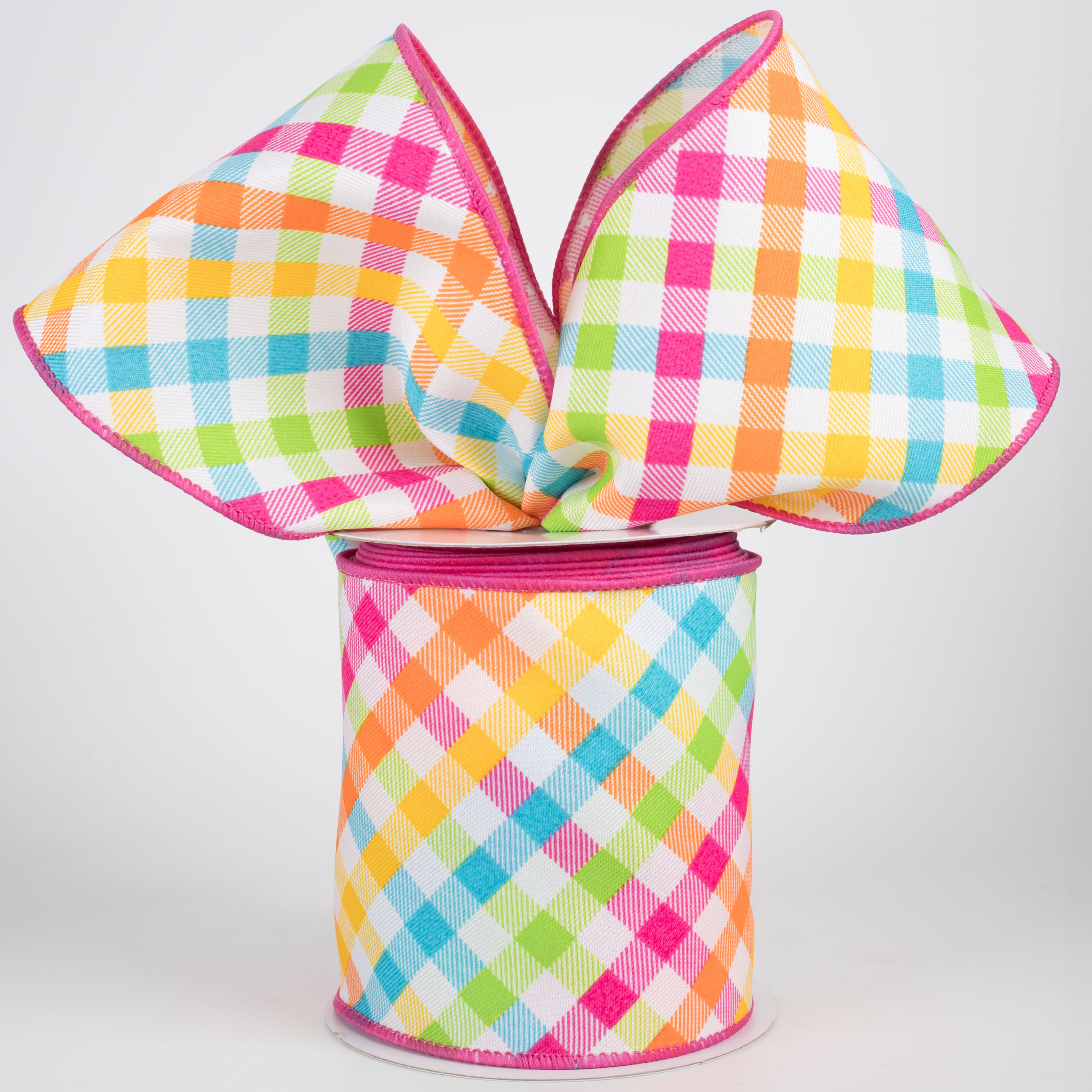 4" Multicolor Plaid on Diagonal Weave Ribbon: Neon Brights (10 Yards)