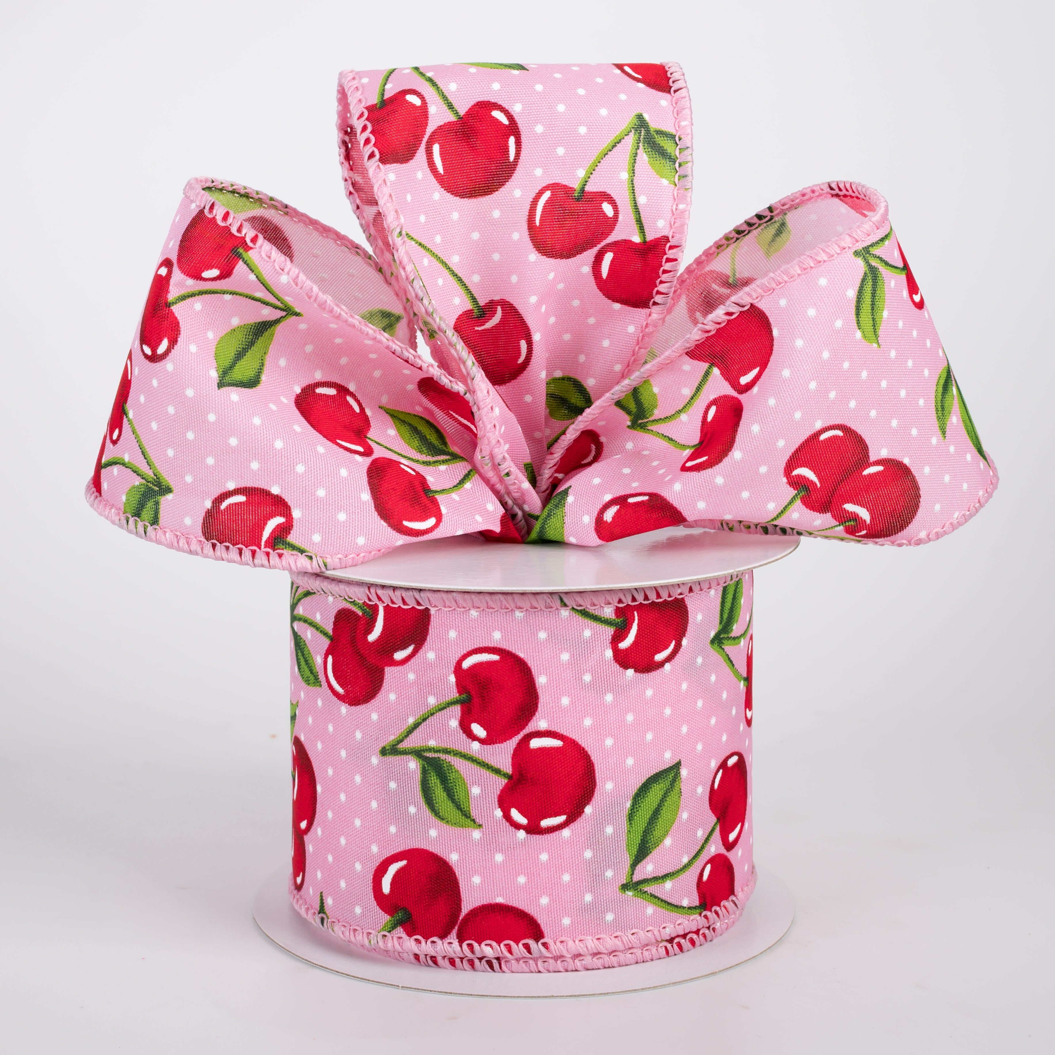 2.5" Satin Dots & Cherries Ribbon: Pink (10 Yards)