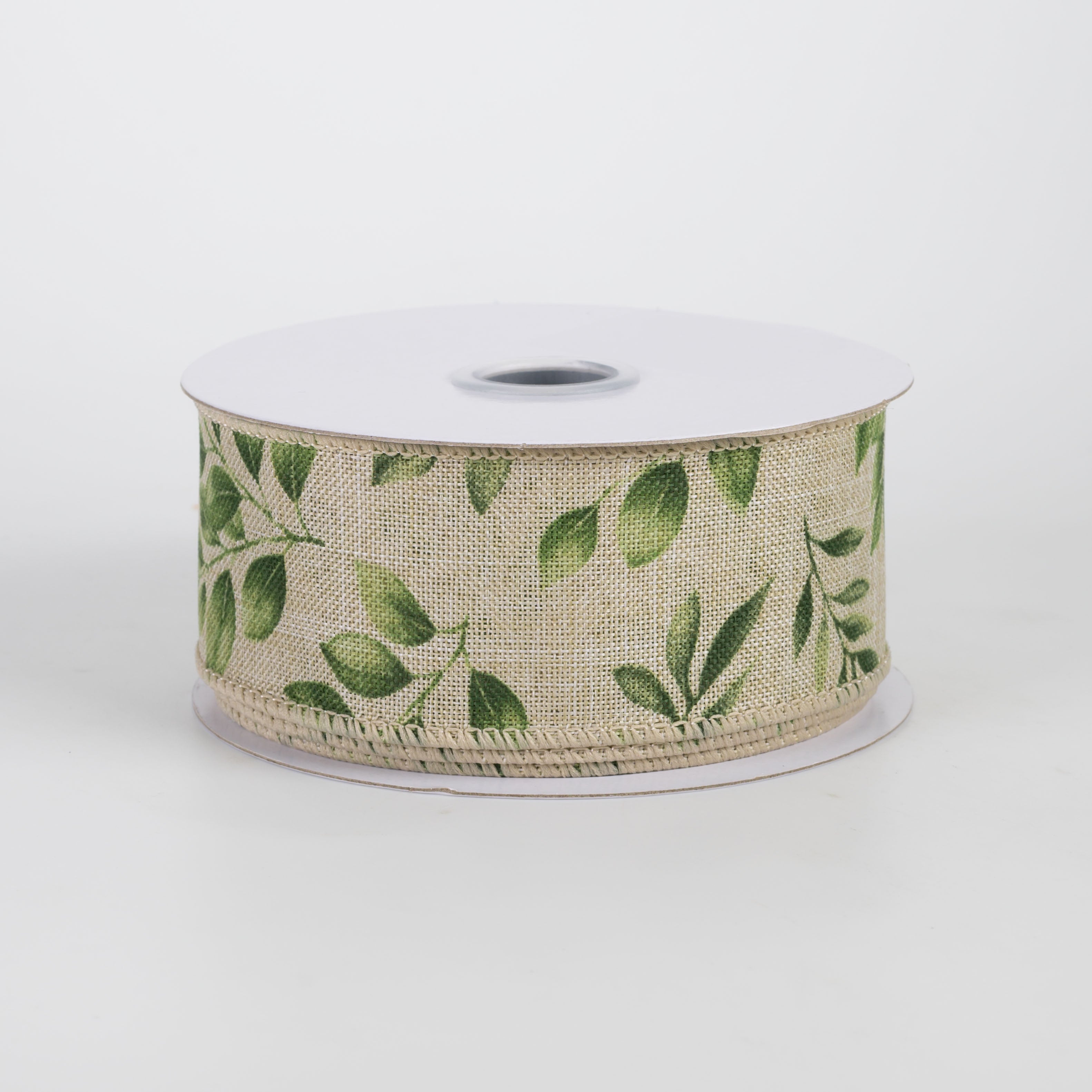 1.5" Greenery Leaves Ribbon: Greens on Natural (10 Yards)