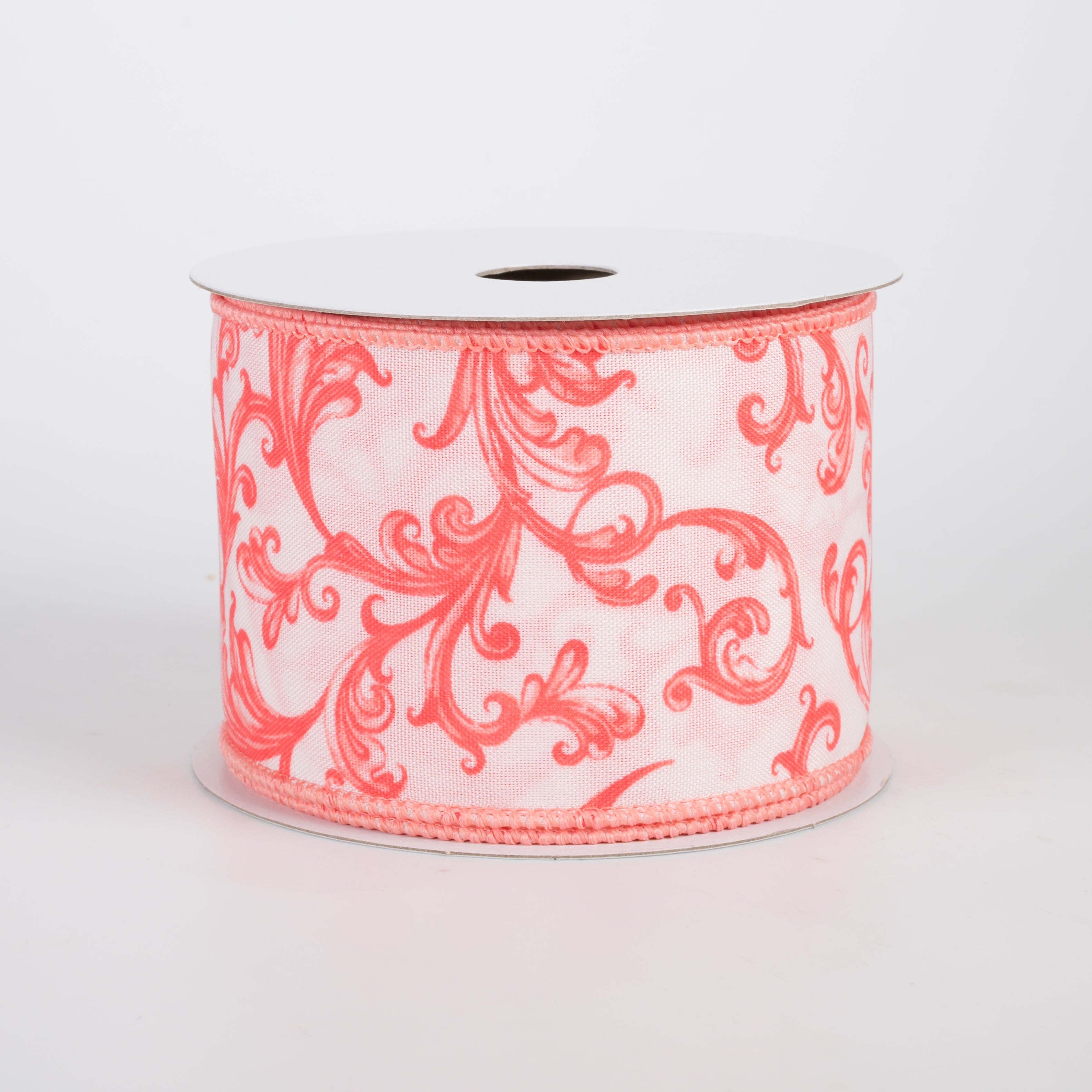 2.5" Satin Chinoiserie Swirls Ribbon: Coral on White (10 Yards)
