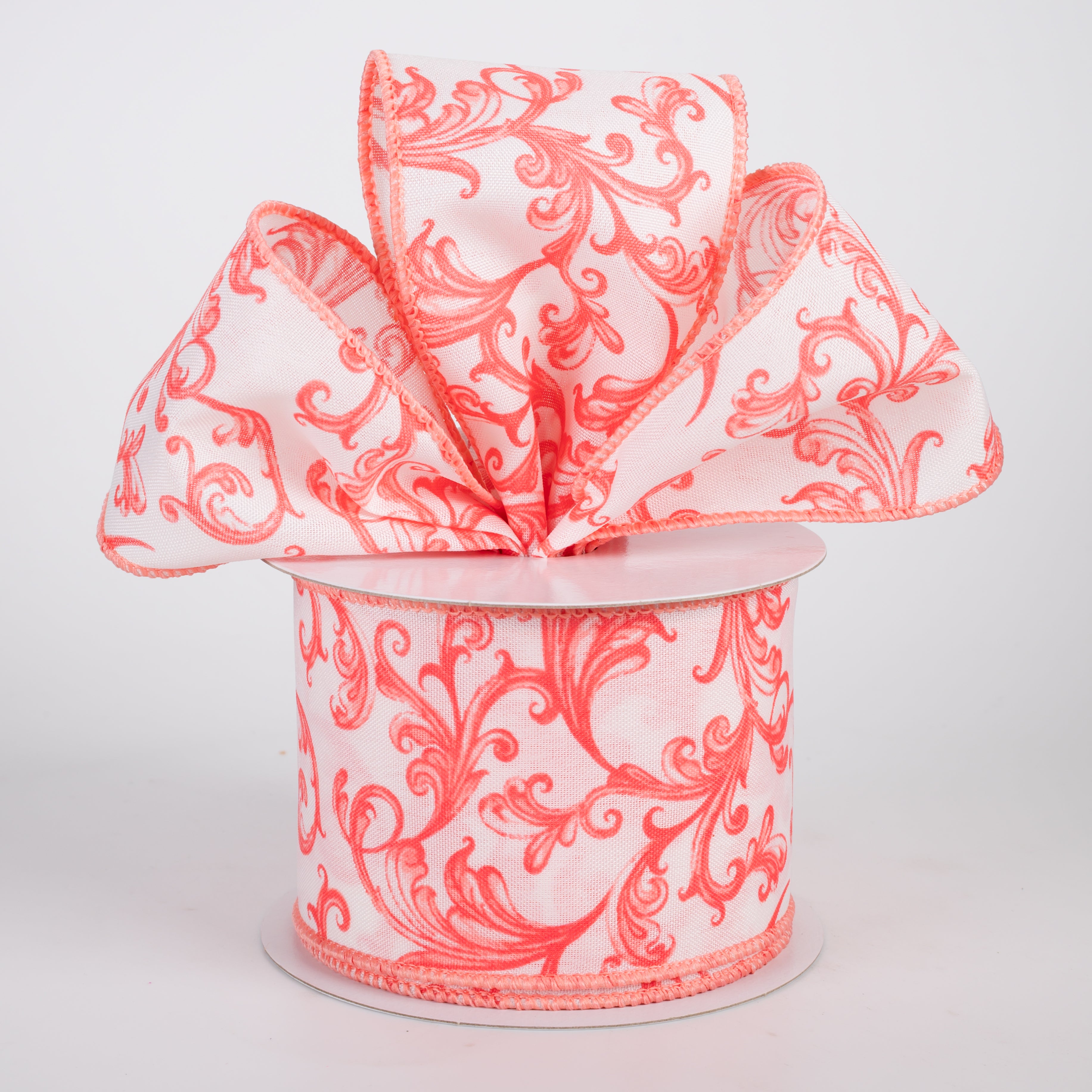 2.5" Satin Chinoiserie Swirls Ribbon: Coral on White (10 Yards)