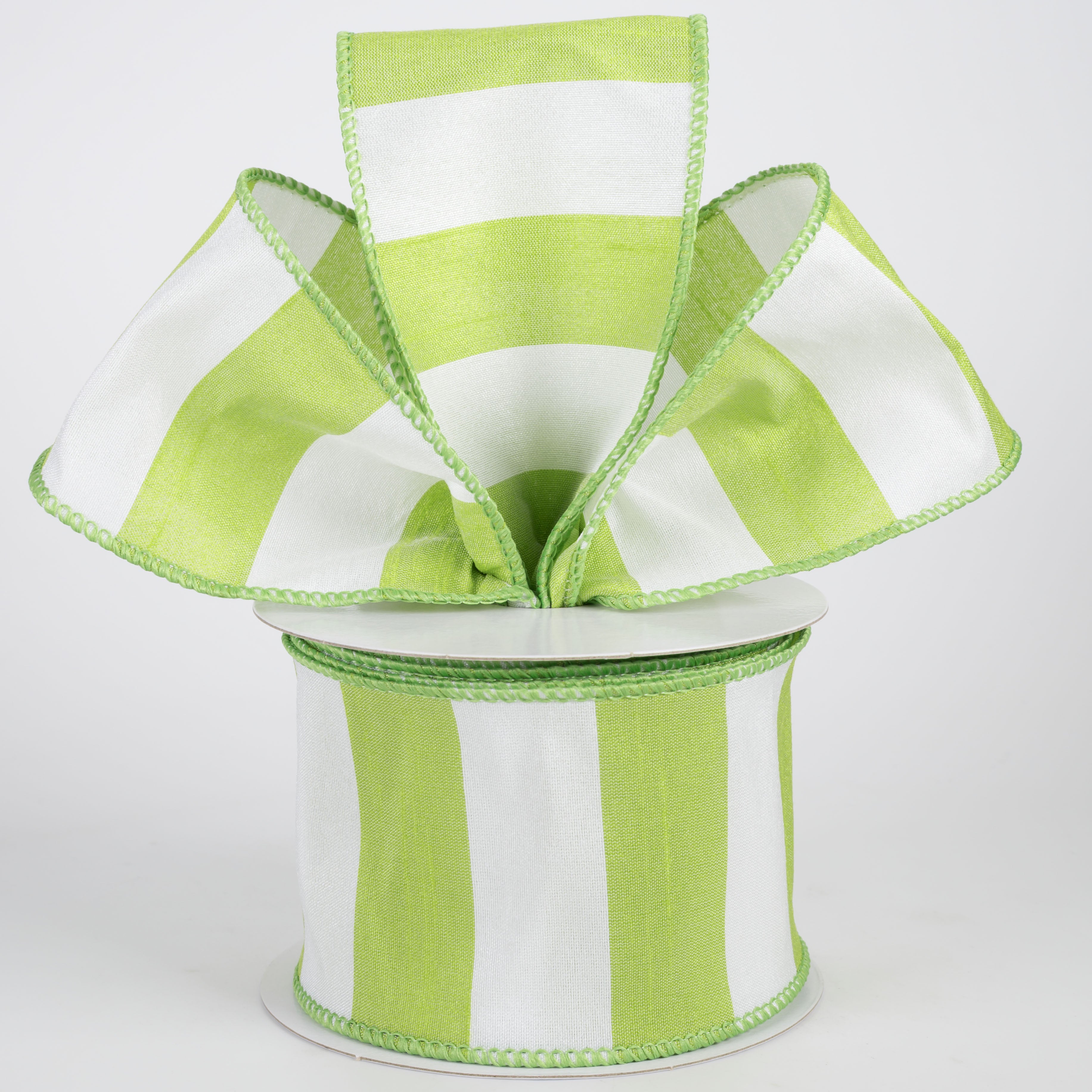 2.5" Dupioni Horizontal Stripes Ribbon: Lime & White (10 Yards)