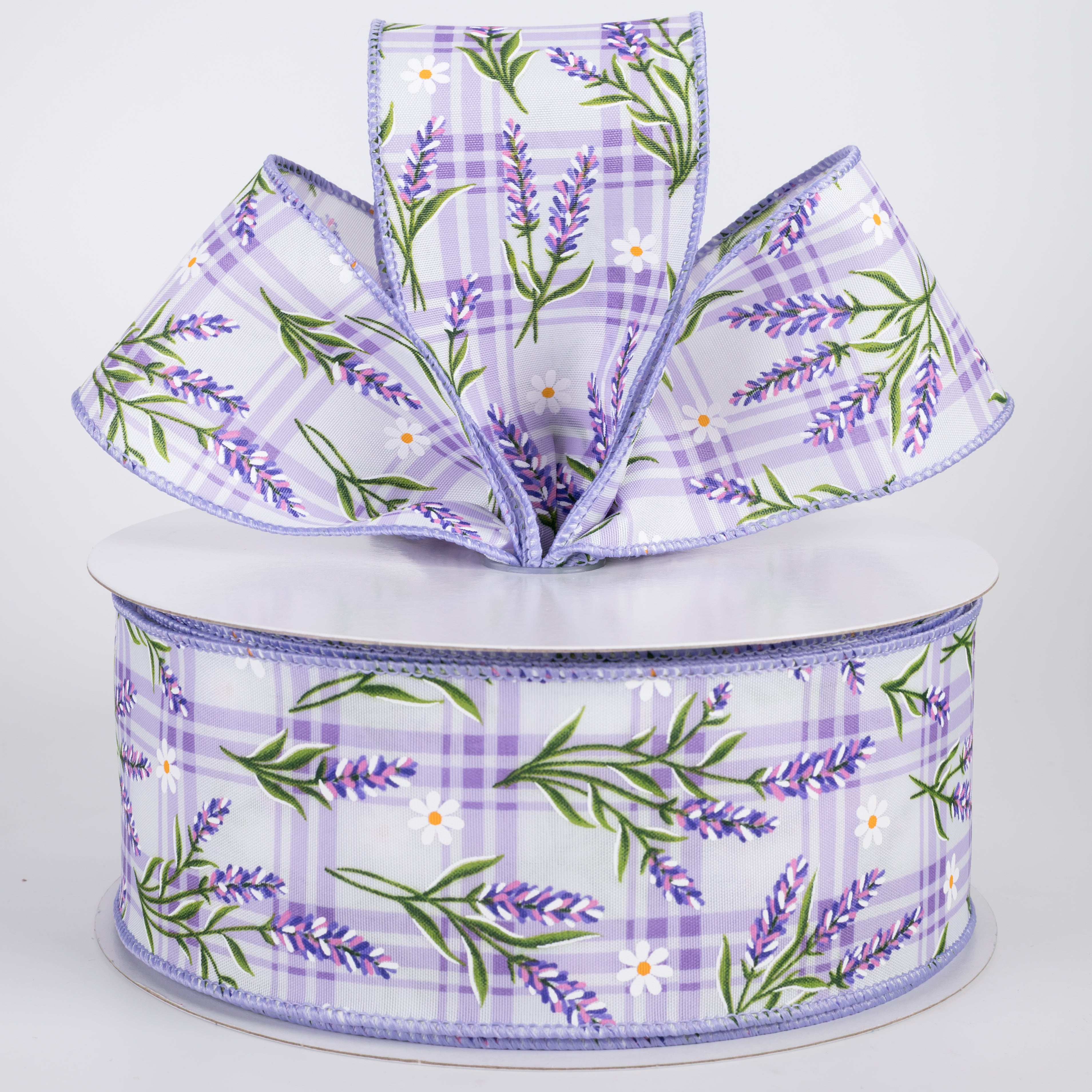 2.5" Satin Lavender Flowers on Plaid Ribbon: Purple (50 Yards)