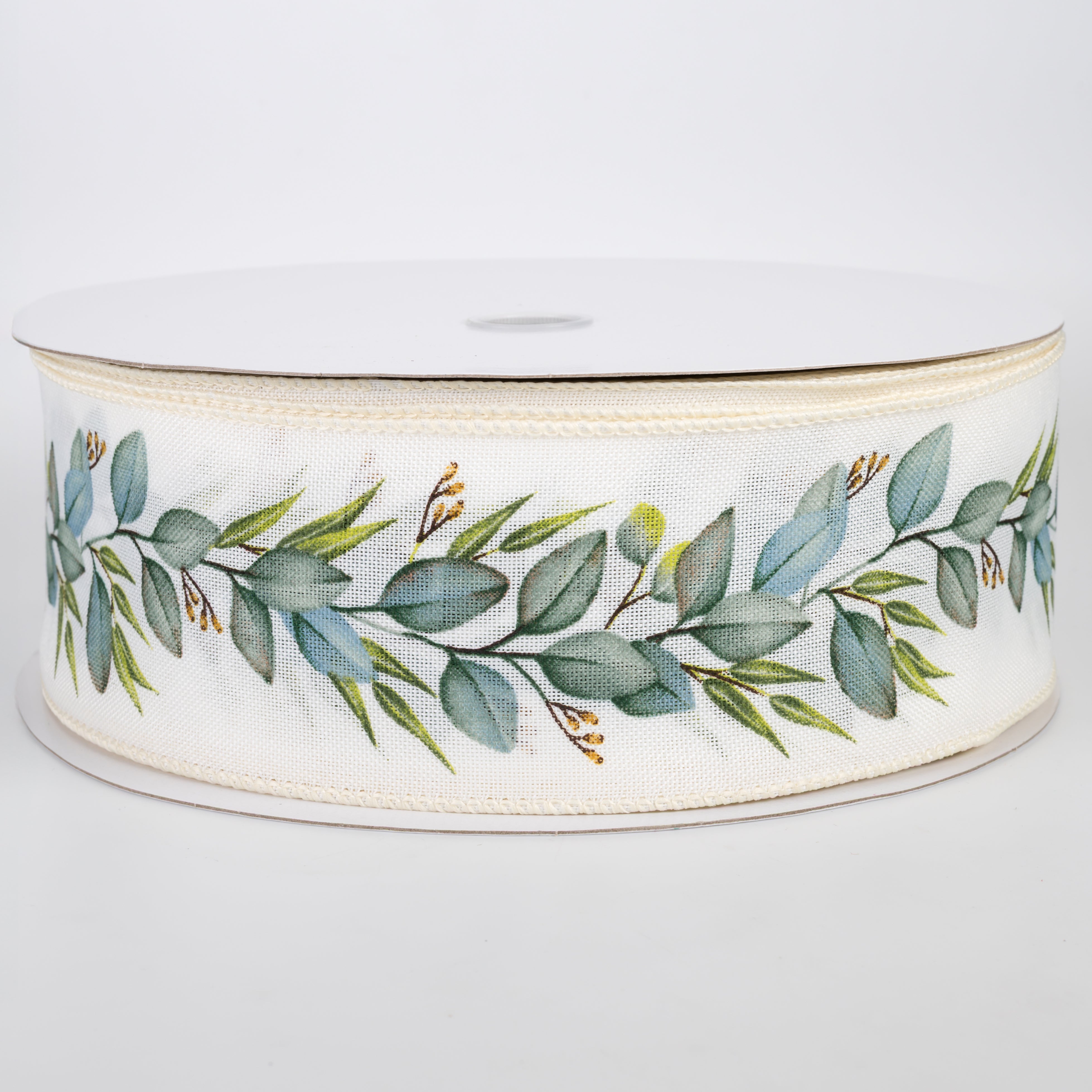 2.5" Linen Eucalyptus Garland Ribbon: Ivory (50 Yards)