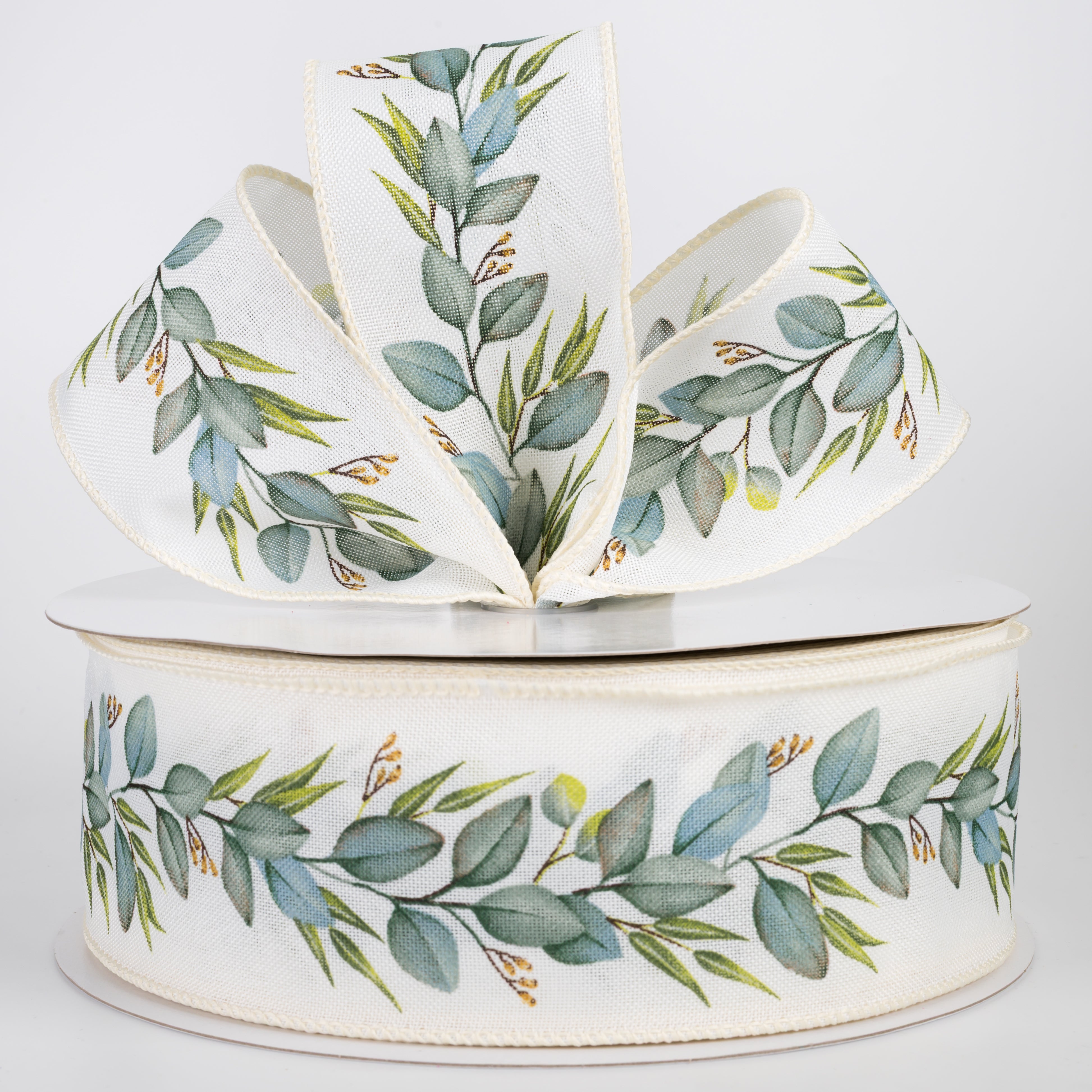 2.5" Linen Eucalyptus Garland Ribbon: Ivory (50 Yards)