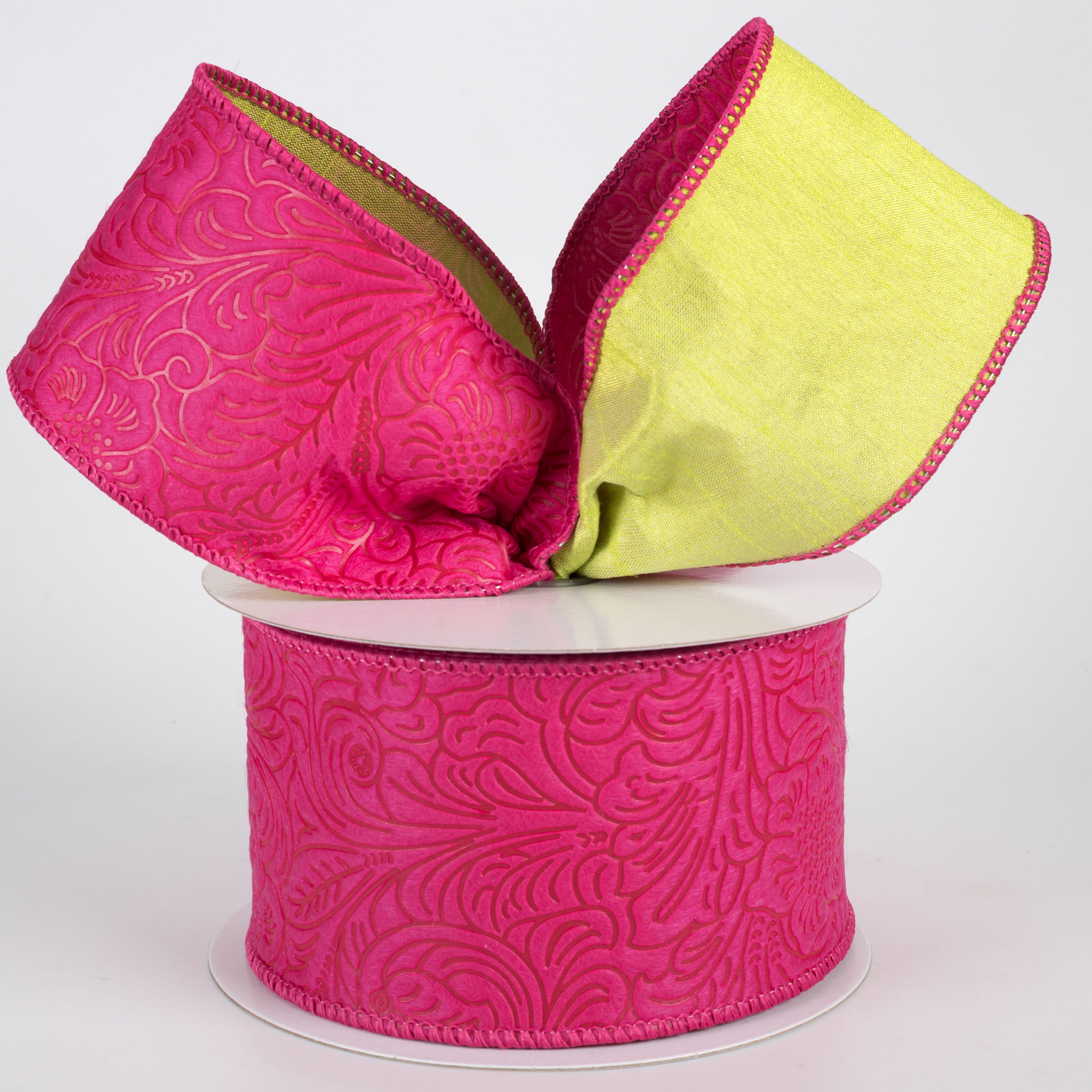2.5" Double Sided Flower Breeze & Dupioni Ribbon: Fuchsia & Green (10 Yards)