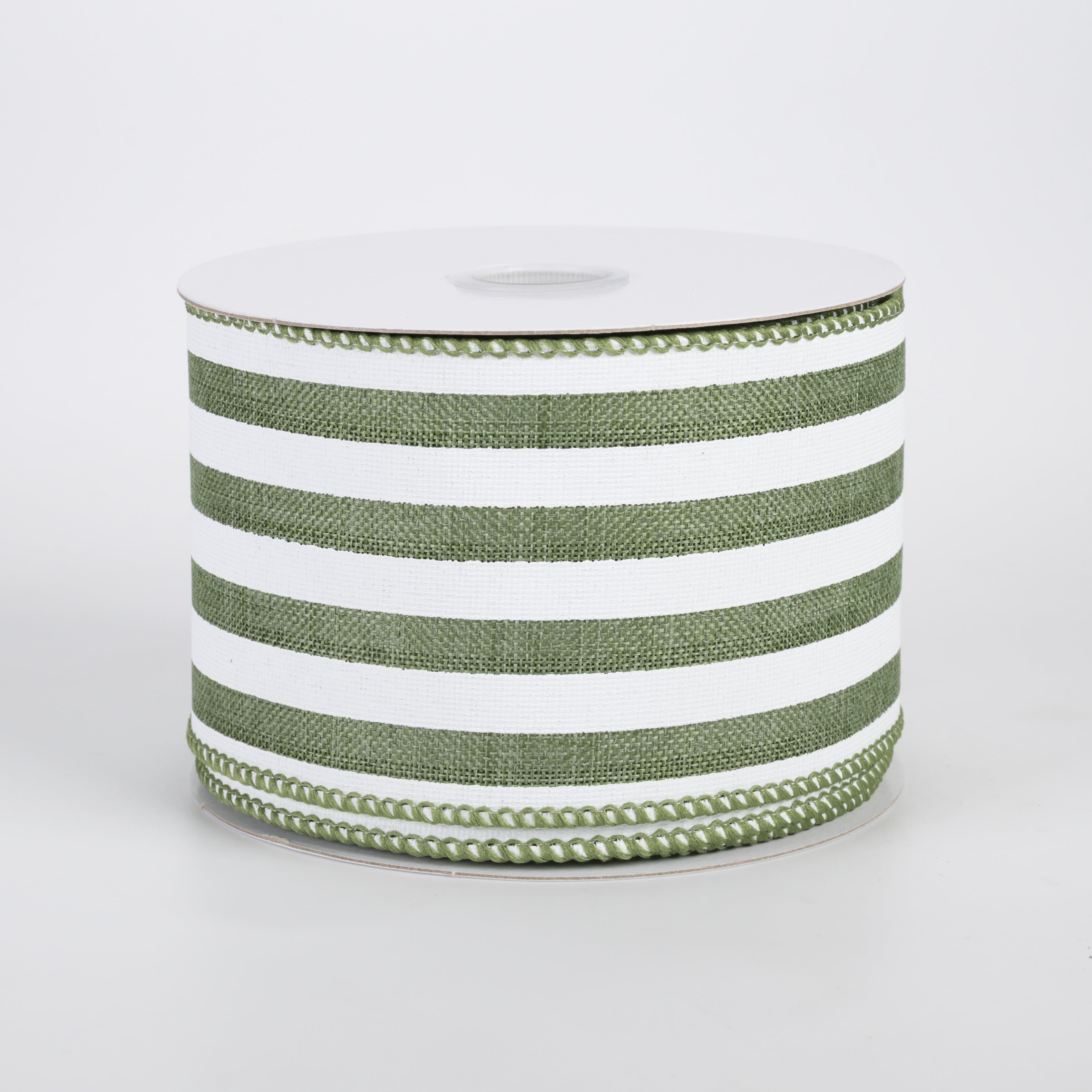 2.5" Linen Wide Cabana Stripes Ribbon: Fern Green & White (10 Yards)
