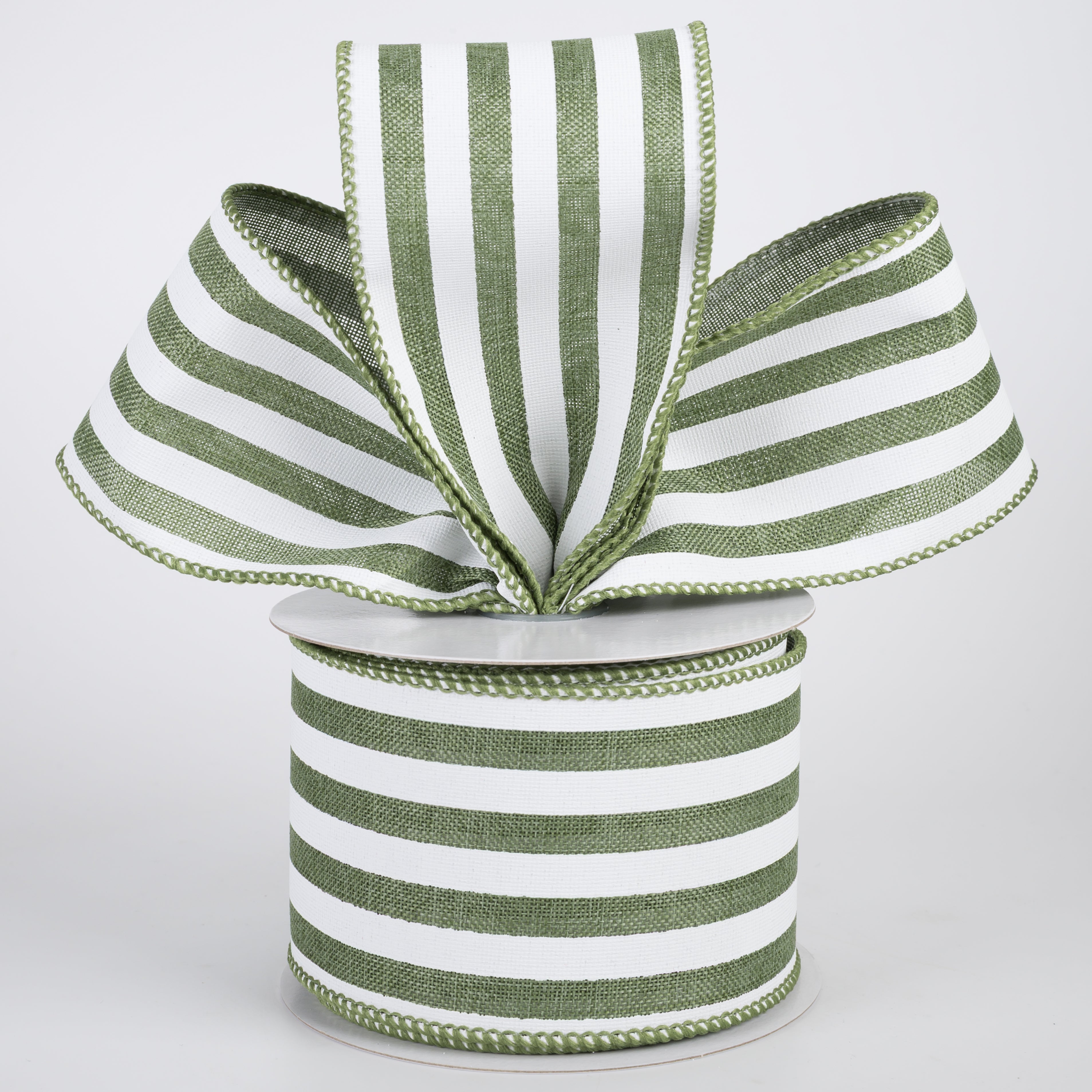 2.5" Linen Wide Cabana Stripes Ribbon: Fern Green & White (10 Yards)