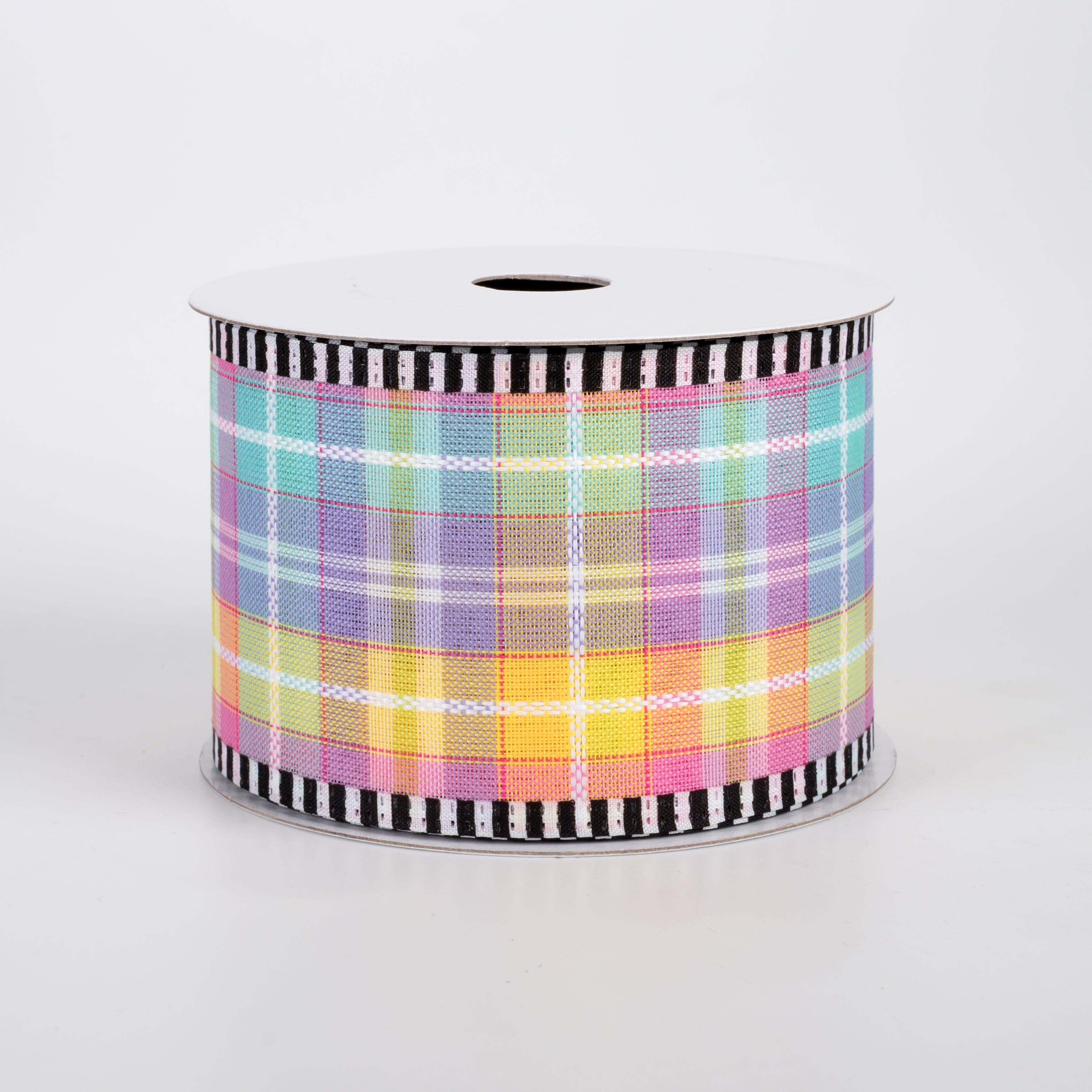 2.5" Kennedy Plaid B&W Stripe Edge Ribbon: Pastel (10 Yards)