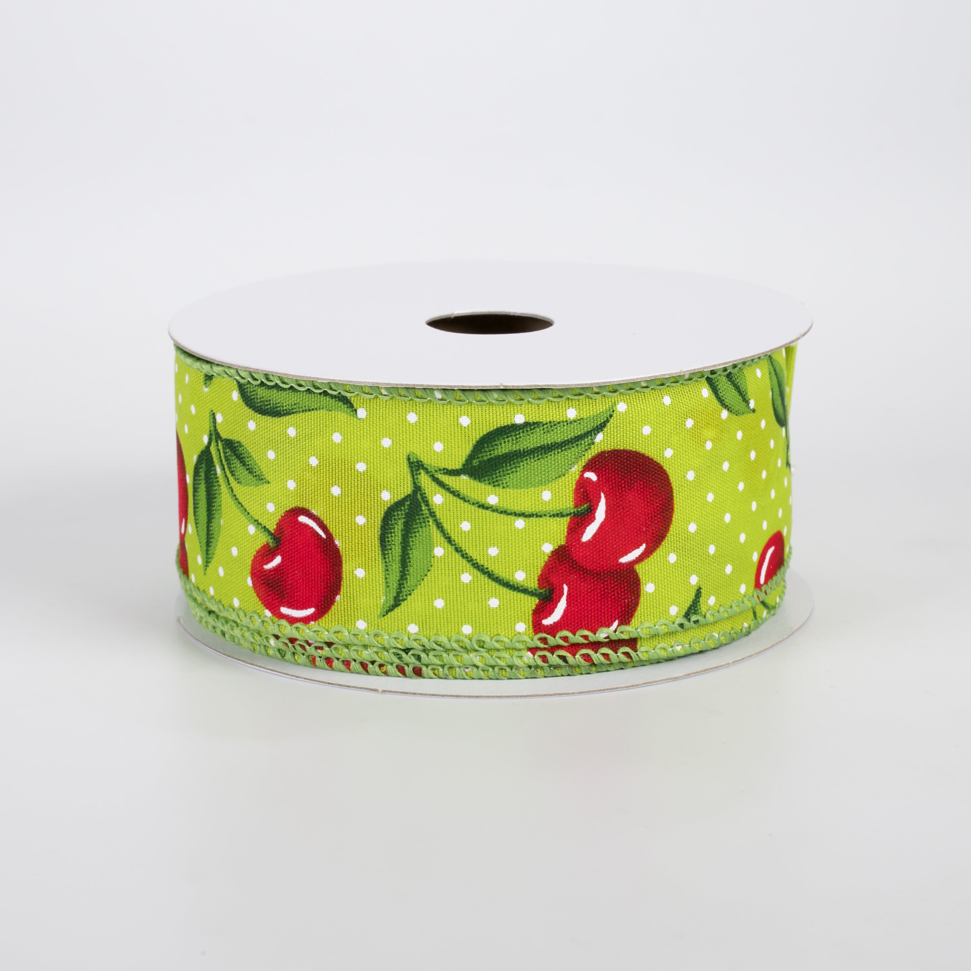 1.5" Satin Dots & Cherries Ribbon: Lime (10 Yards)
