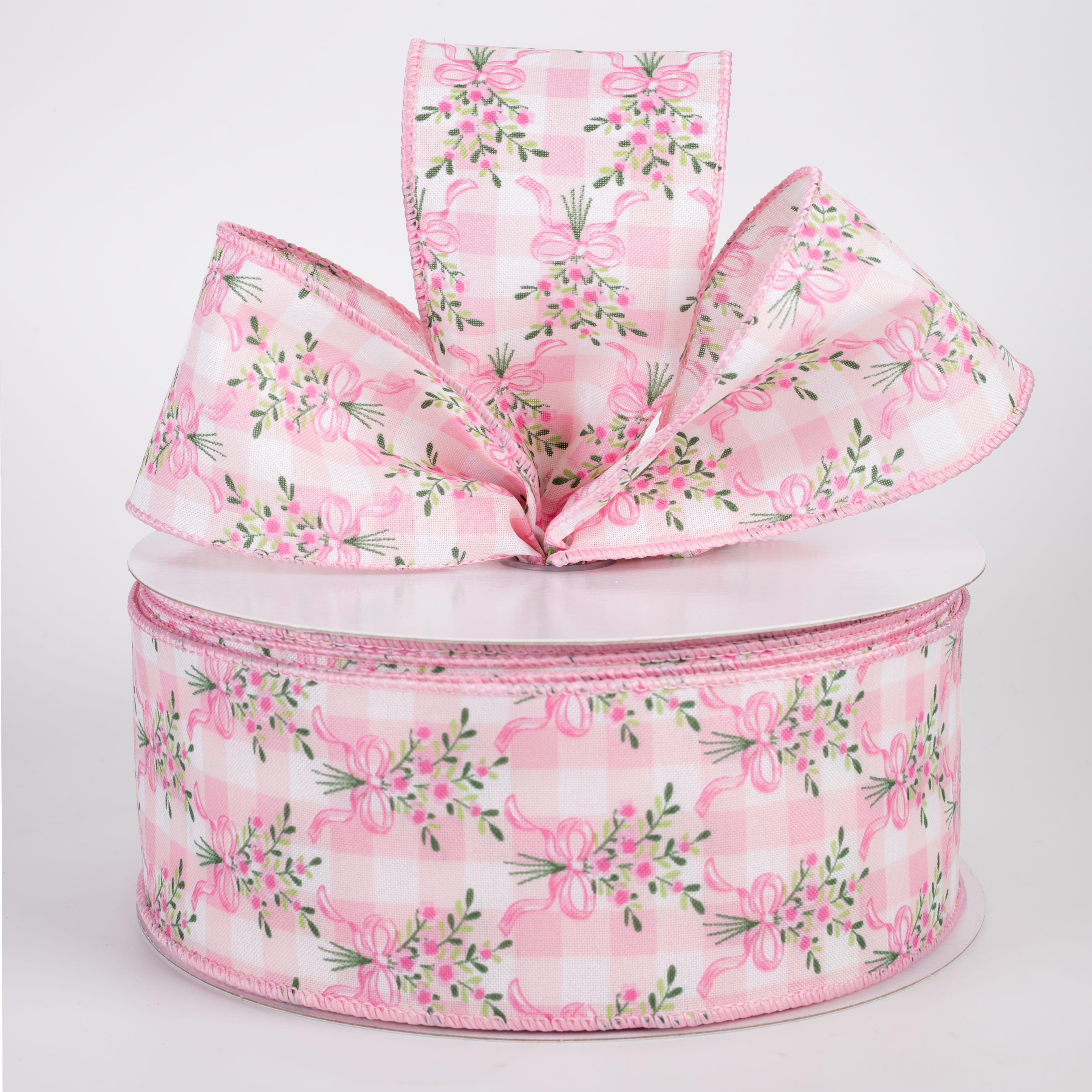 2.5" Satin Flower Bow Bouquet Ribbon: White & Pink (50 Yards)