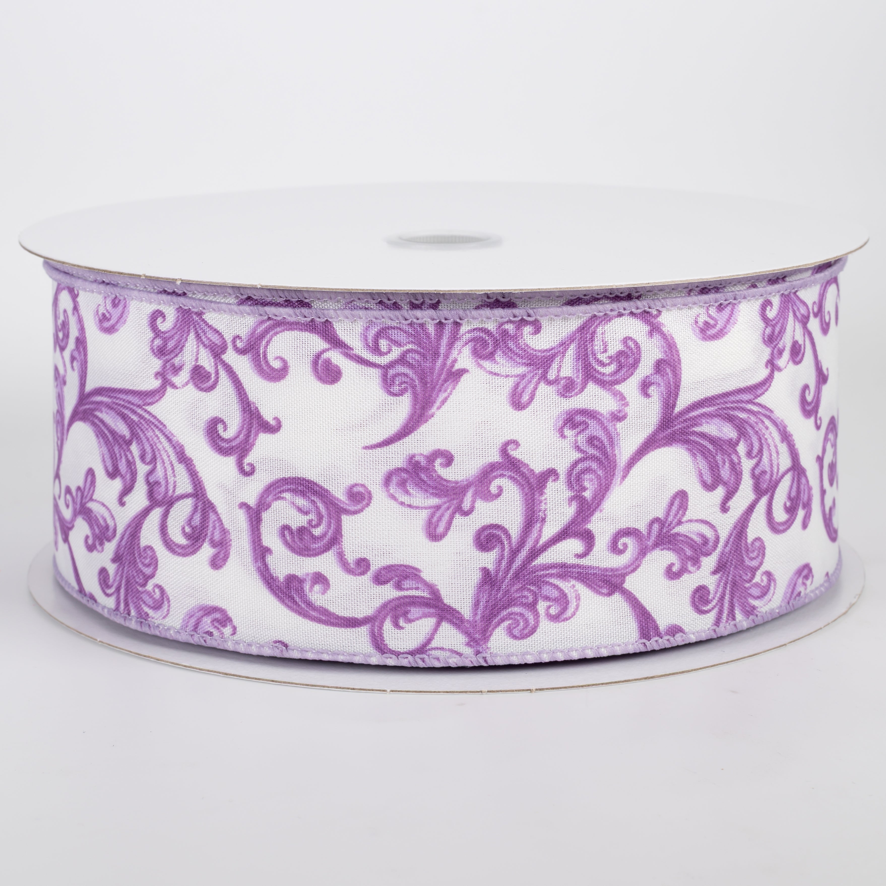 2.5" Satin Chinoiserie Swirls Ribbon: Lavender on White (50 Yards)