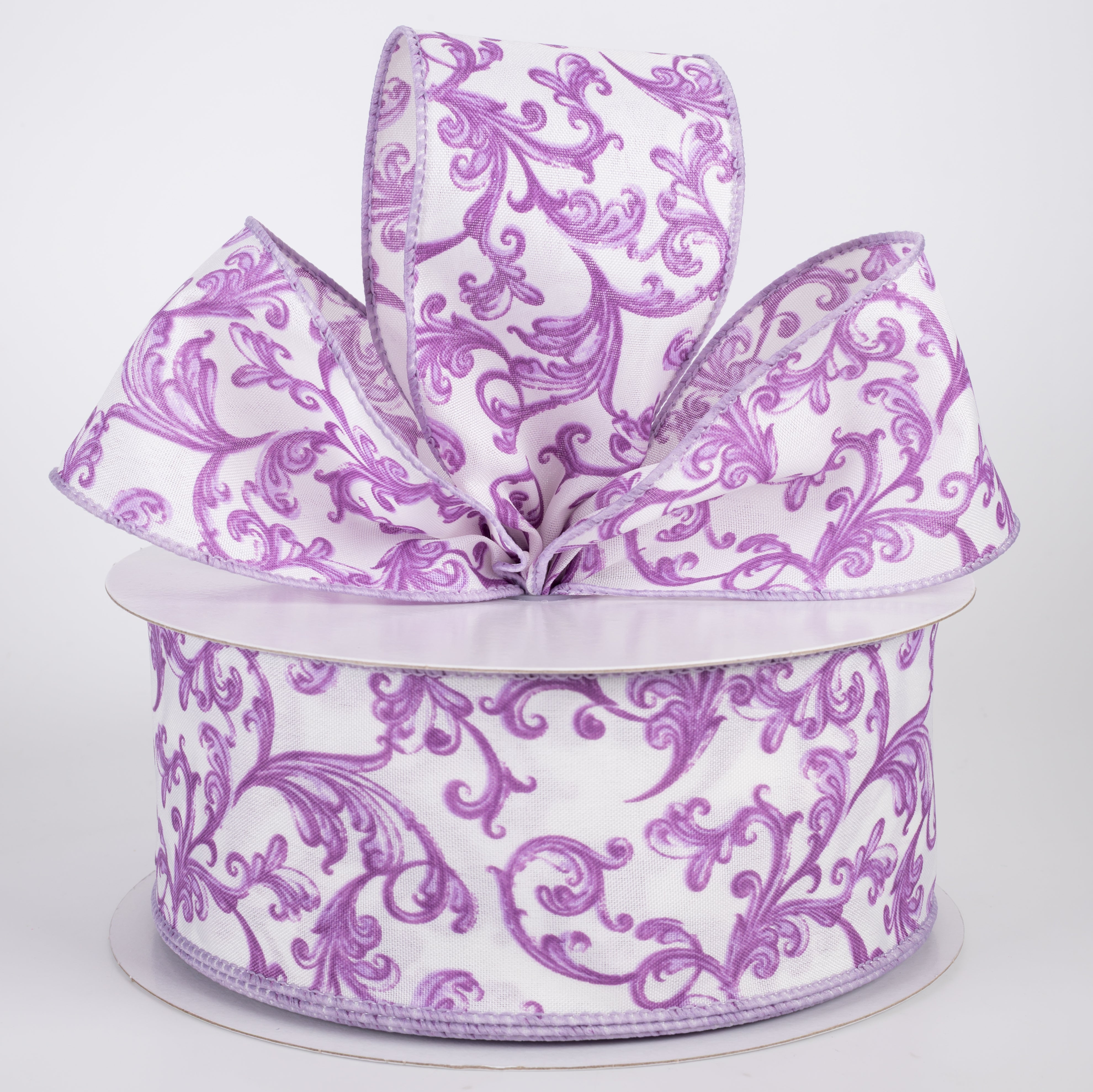 2.5" Satin Chinoiserie Swirls Ribbon: Lavender on White (50 Yards)