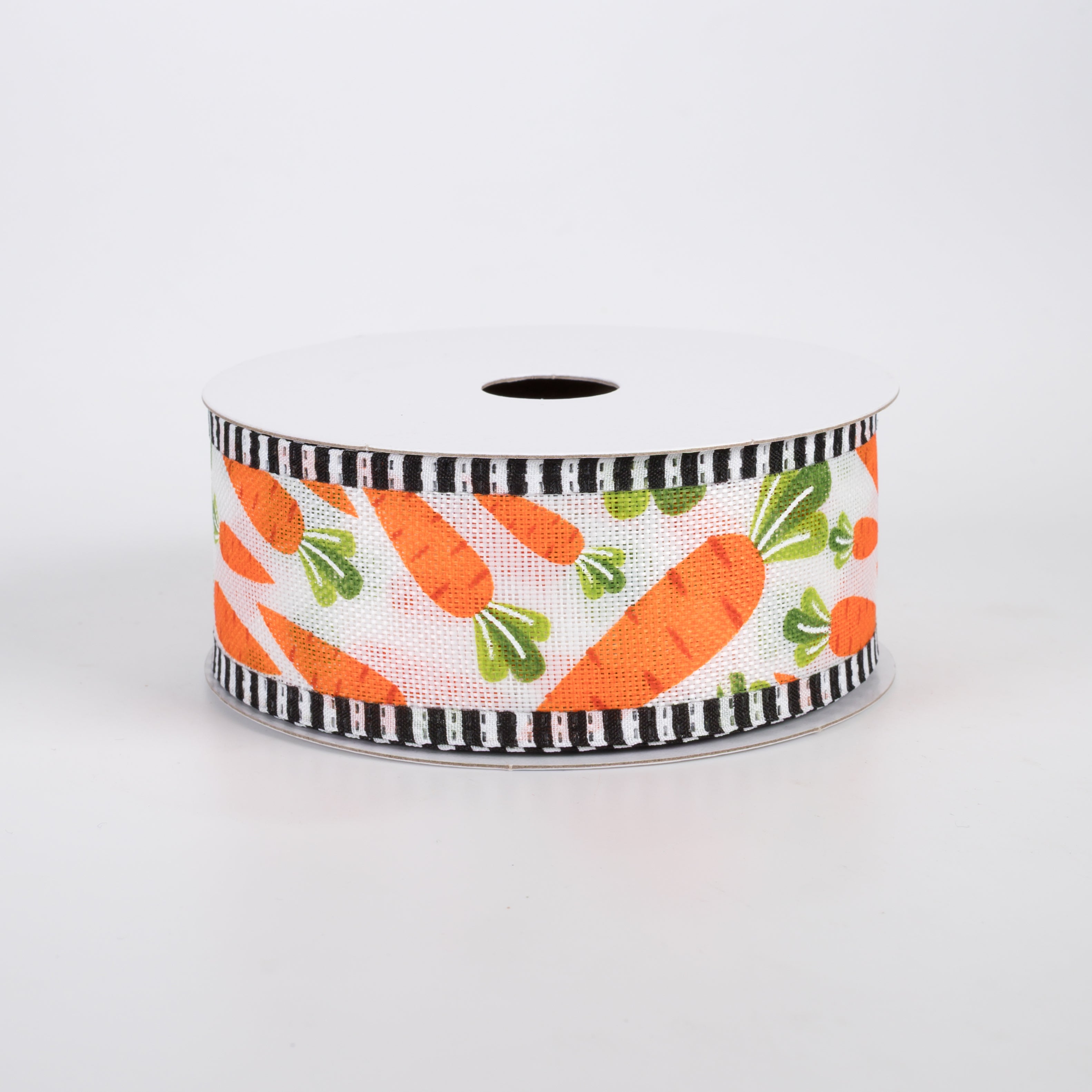 1.5" Linen Carrots B&W Stripe Edge Ribbon: White (10 Yards)