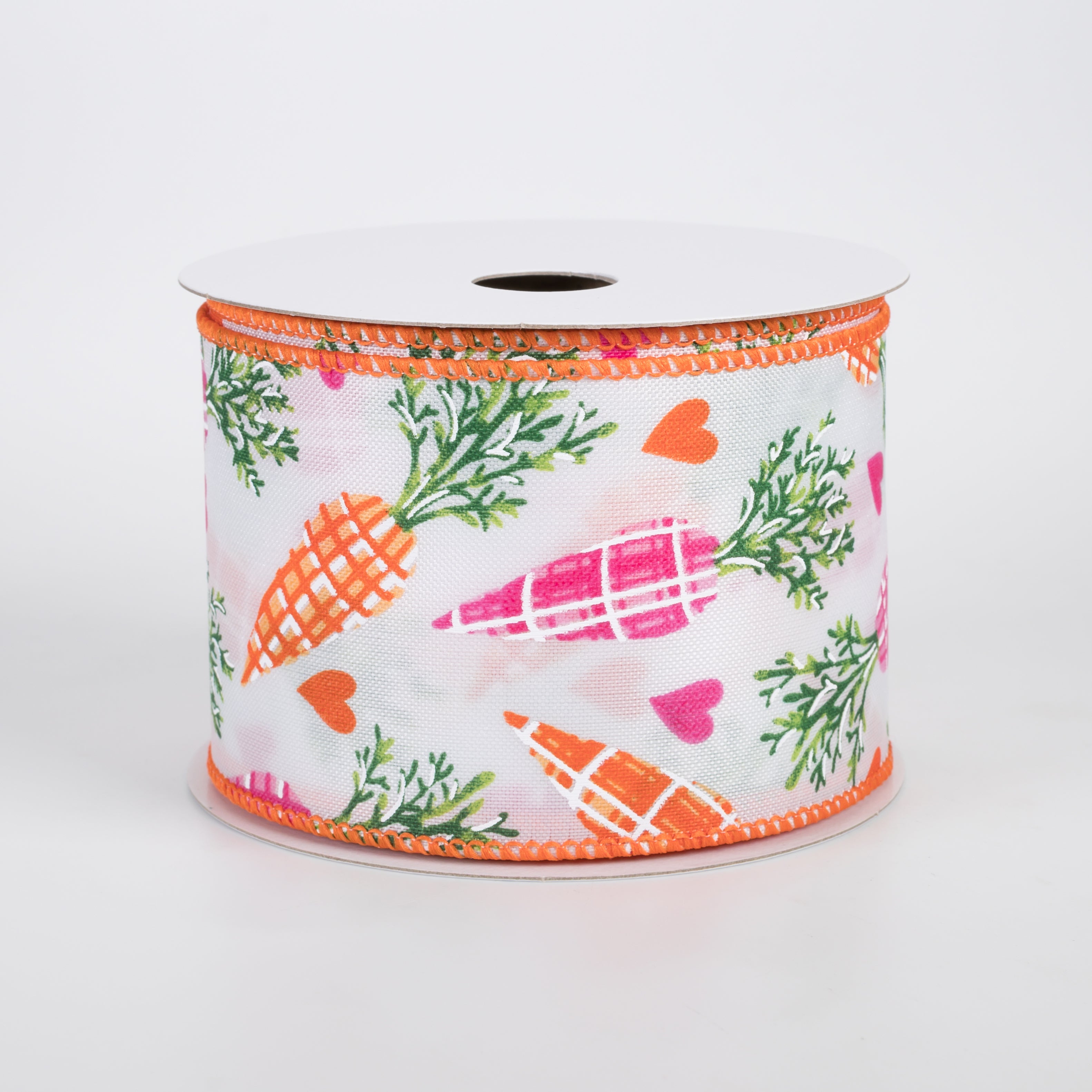2.5" Satin Pink & Orange Plaid Carrots Ribbon: White (10 Yards)
