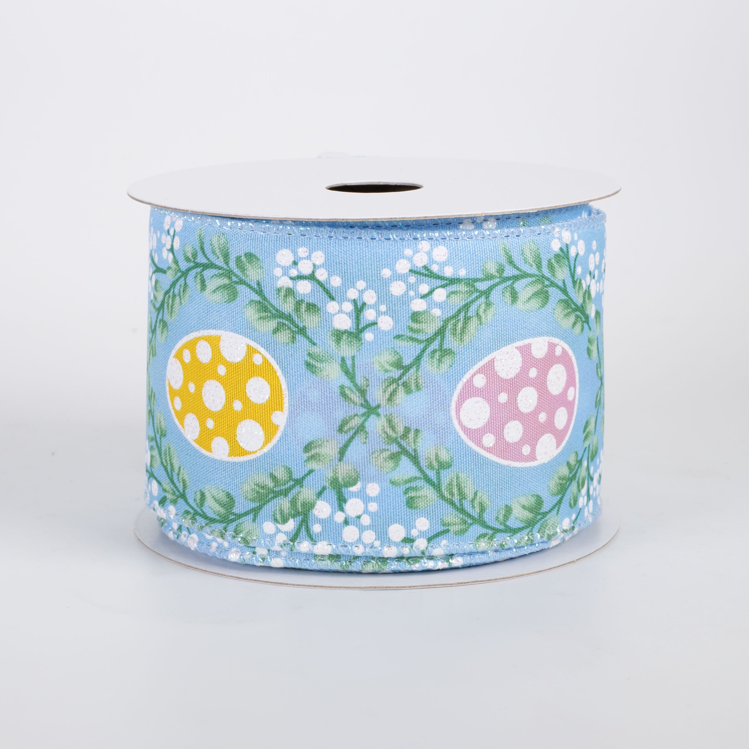 2.5" Satin Eucalyptus Trellis & Easter Eggs Ribbon: Blue (10 Yards)