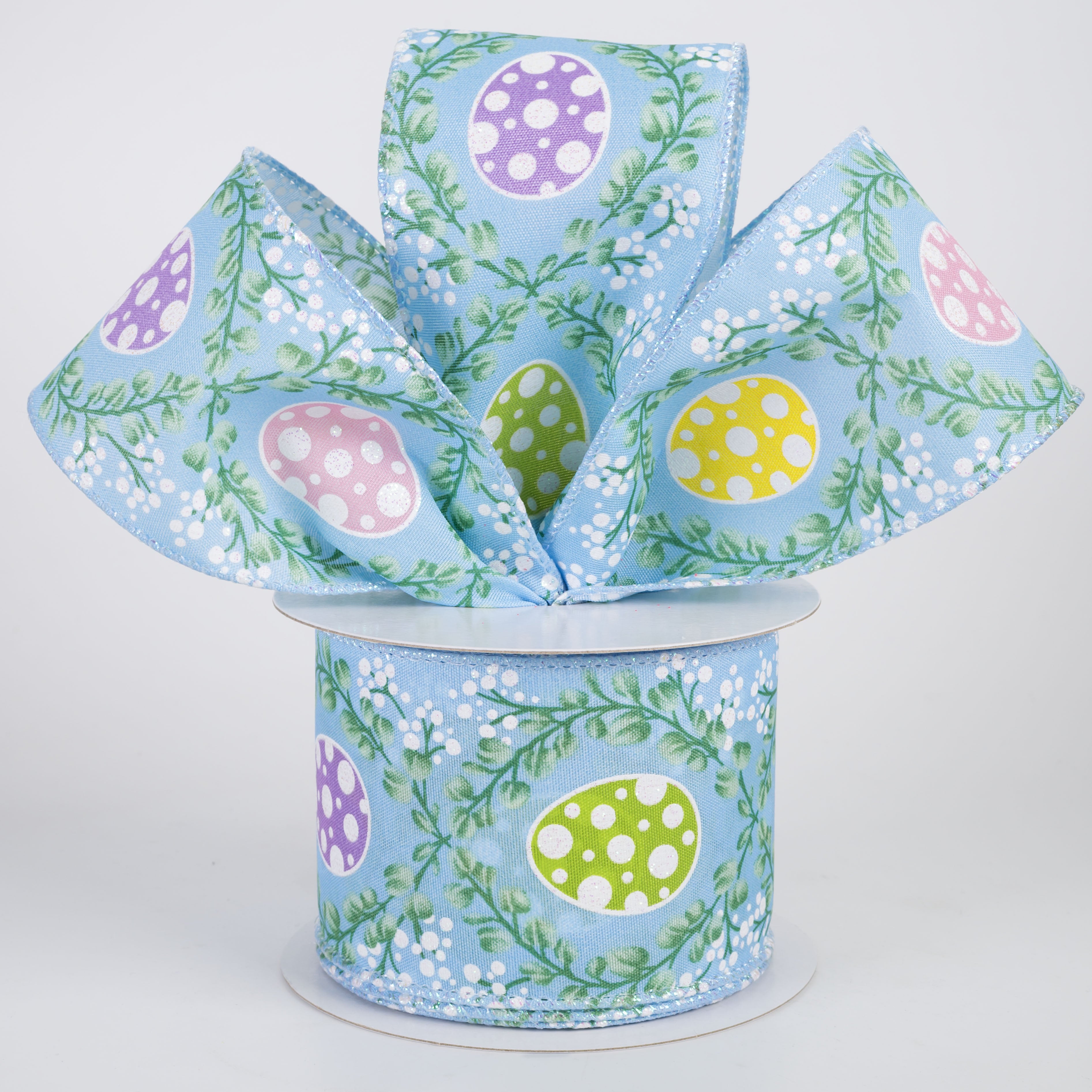 2.5" Satin Eucalyptus Trellis & Easter Eggs Ribbon: Blue (10 Yards)