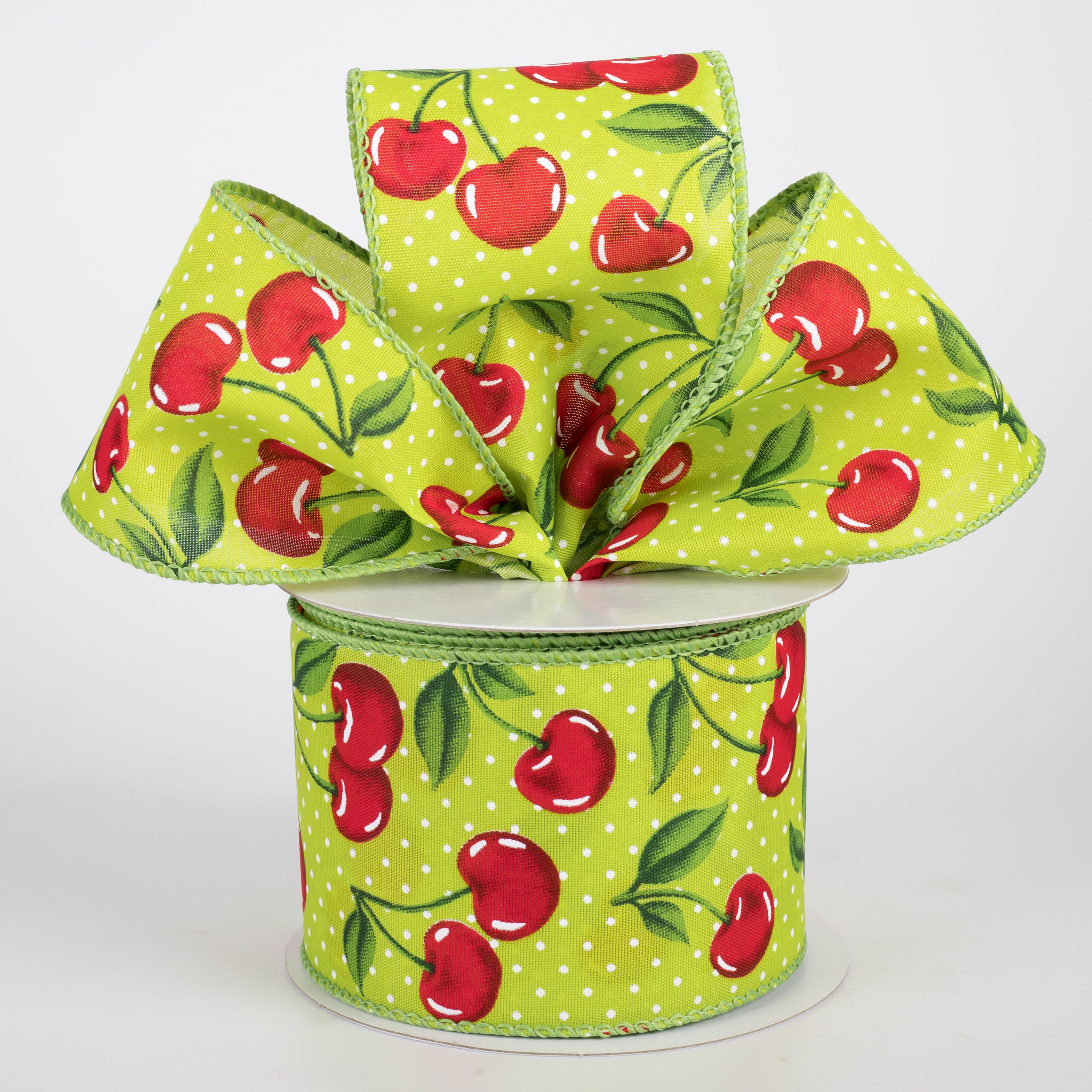 2.5" Satin Dots & Cherries Ribbon: Lime (10 Yards)