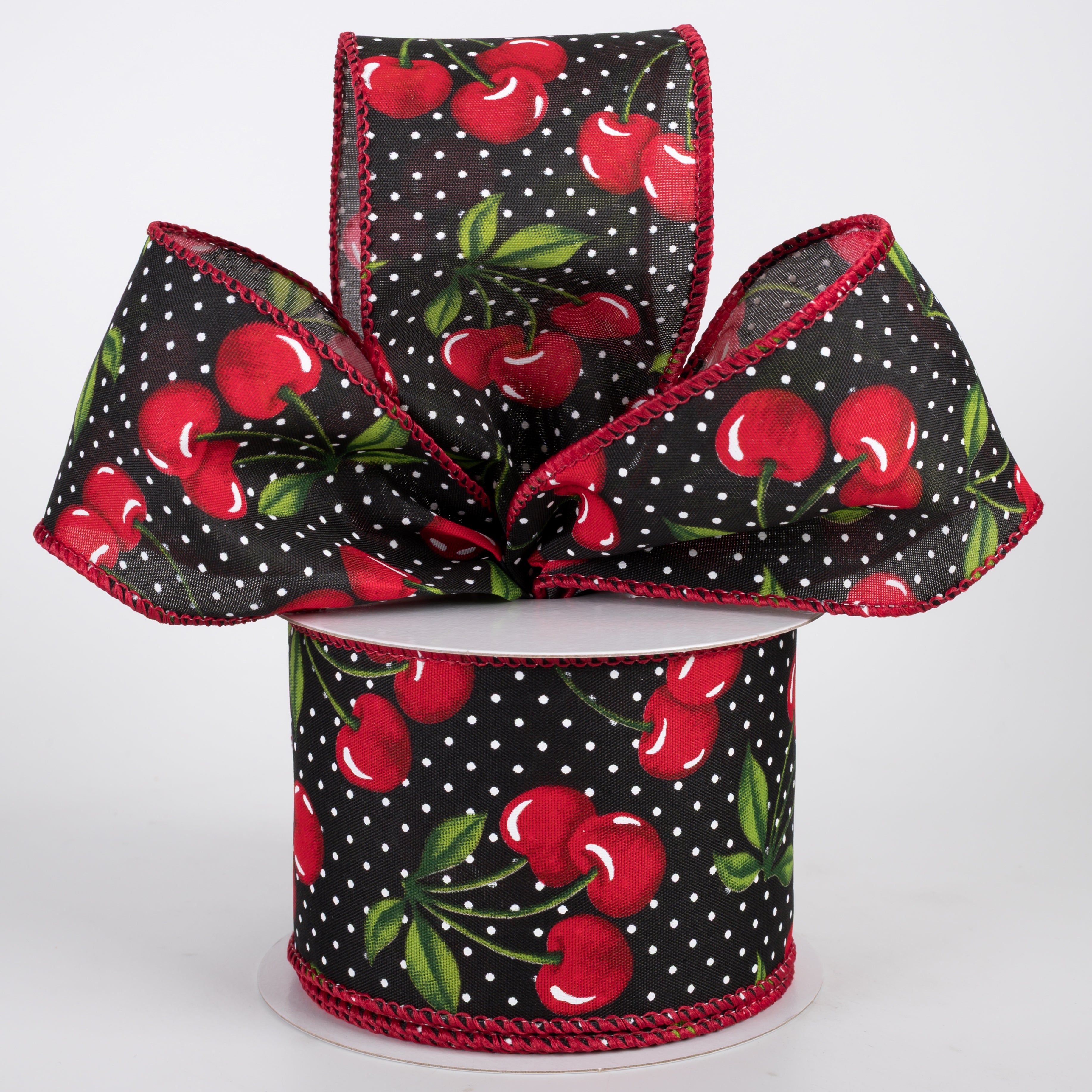 2.5" Satin Dots & Cherries Ribbon: Black (10 Yards)