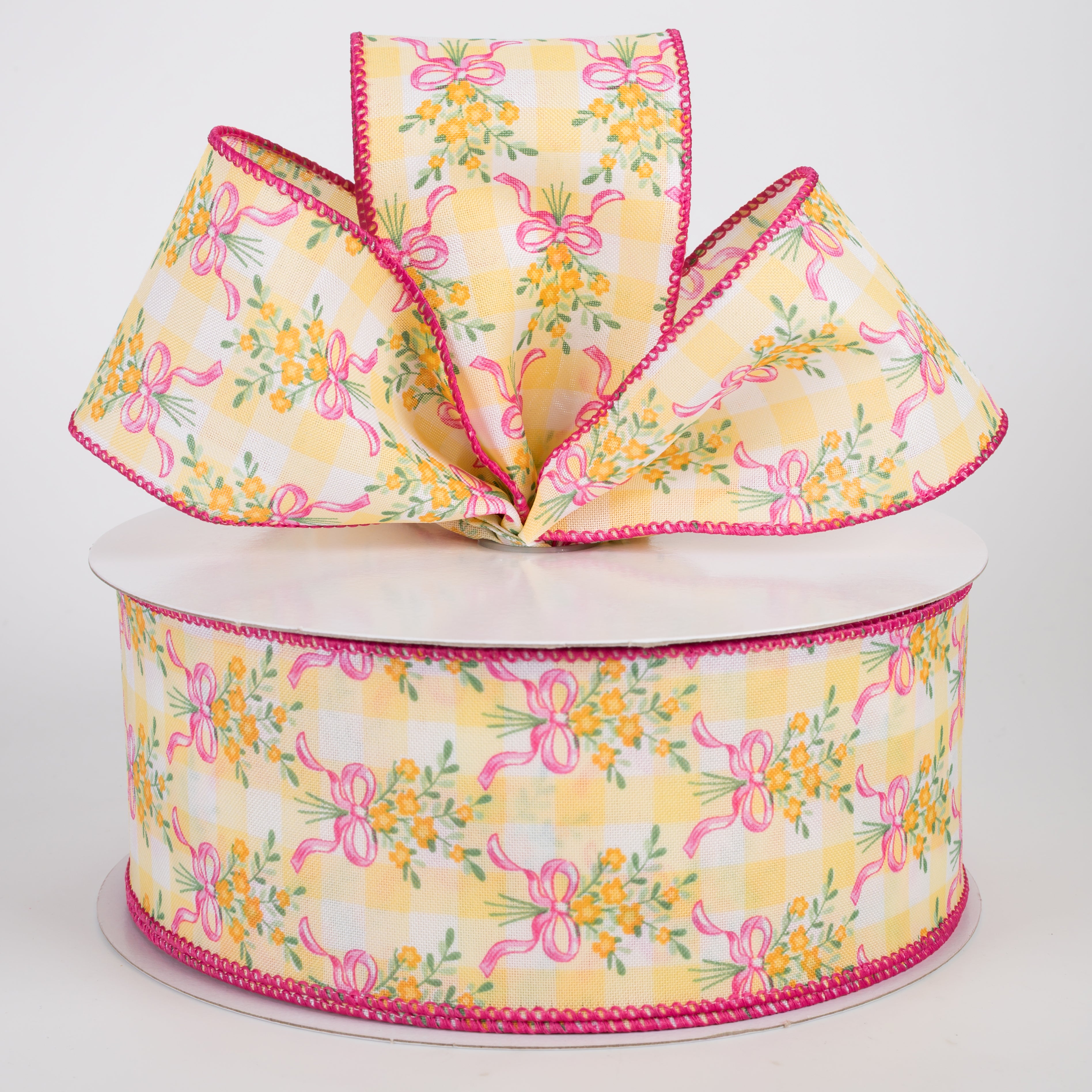 2.5" Satin Flower Bow Bouquet Ribbon: White & Yellow (50 Yards)