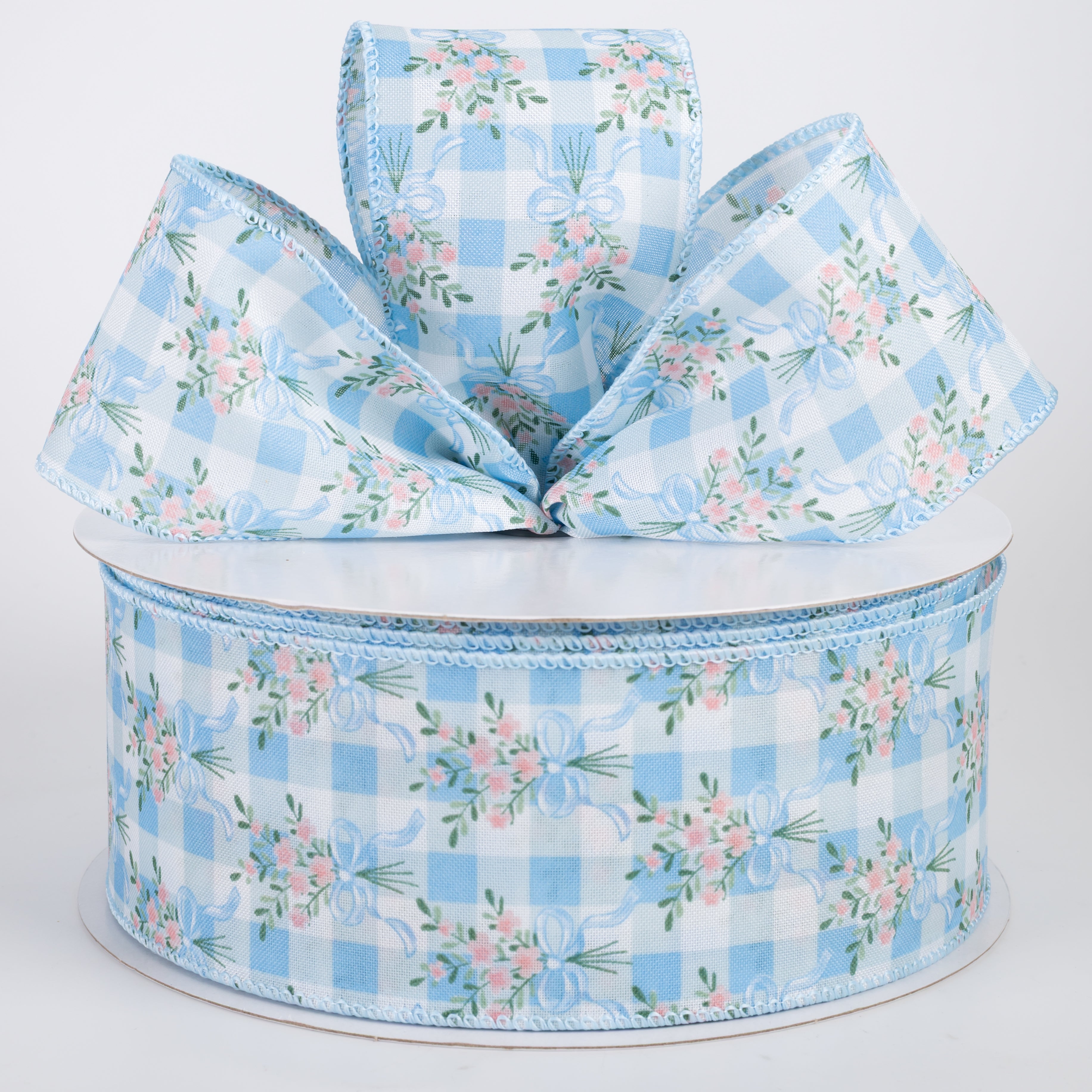 2.5" Satin Flower Bow Bouquet Ribbon: White & Blue (50 Yards)