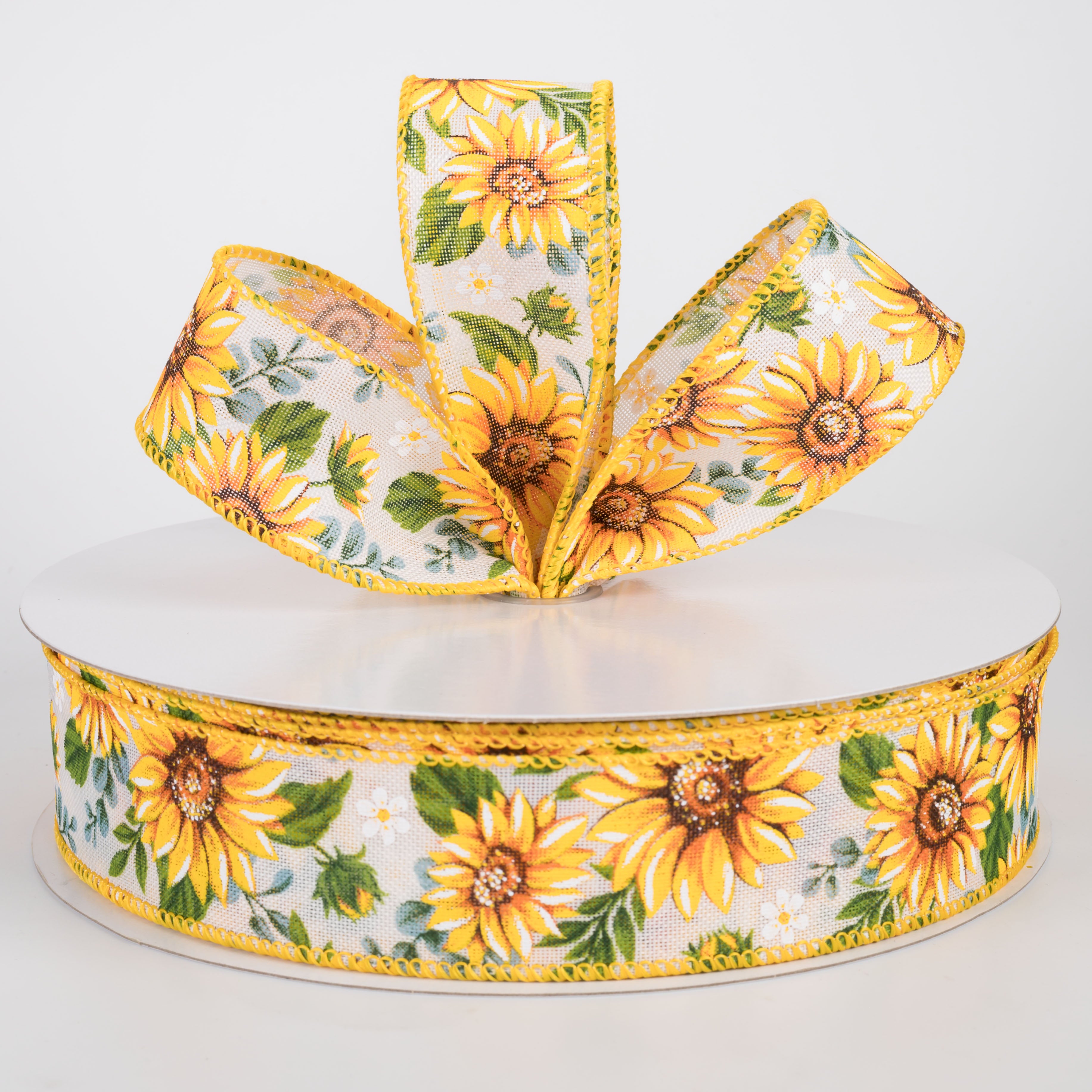 1.5" Linen Sunflowers & Eucalyptus Ribbon: White (50 Yards)