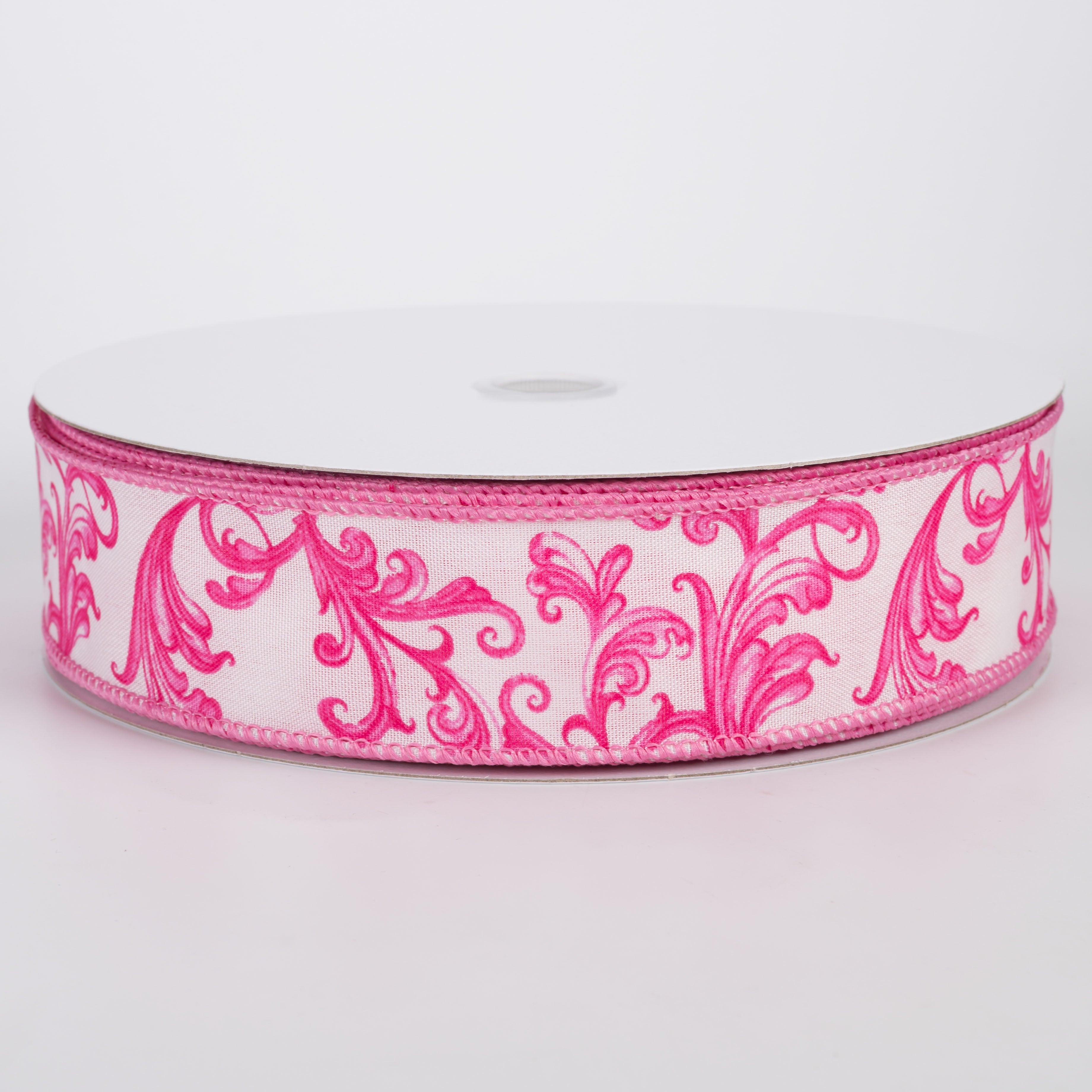 1.5" Satin Chinoiserie Swirls Ribbon: Hot Pink on White (50 Yards)