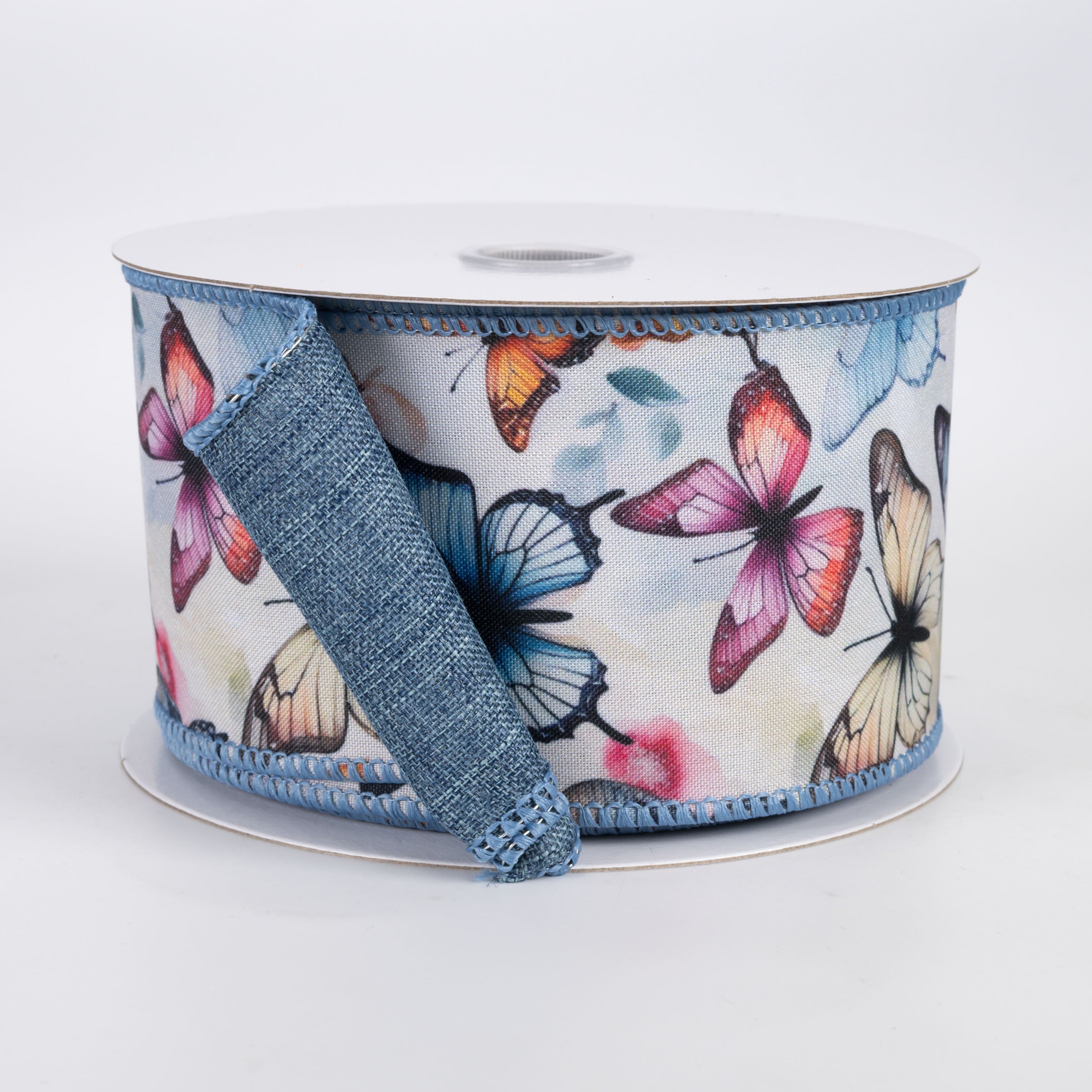 2.5" Double Sided Fused Watercolor Butterflies Ribbon: Denim Blue (10 Yards)