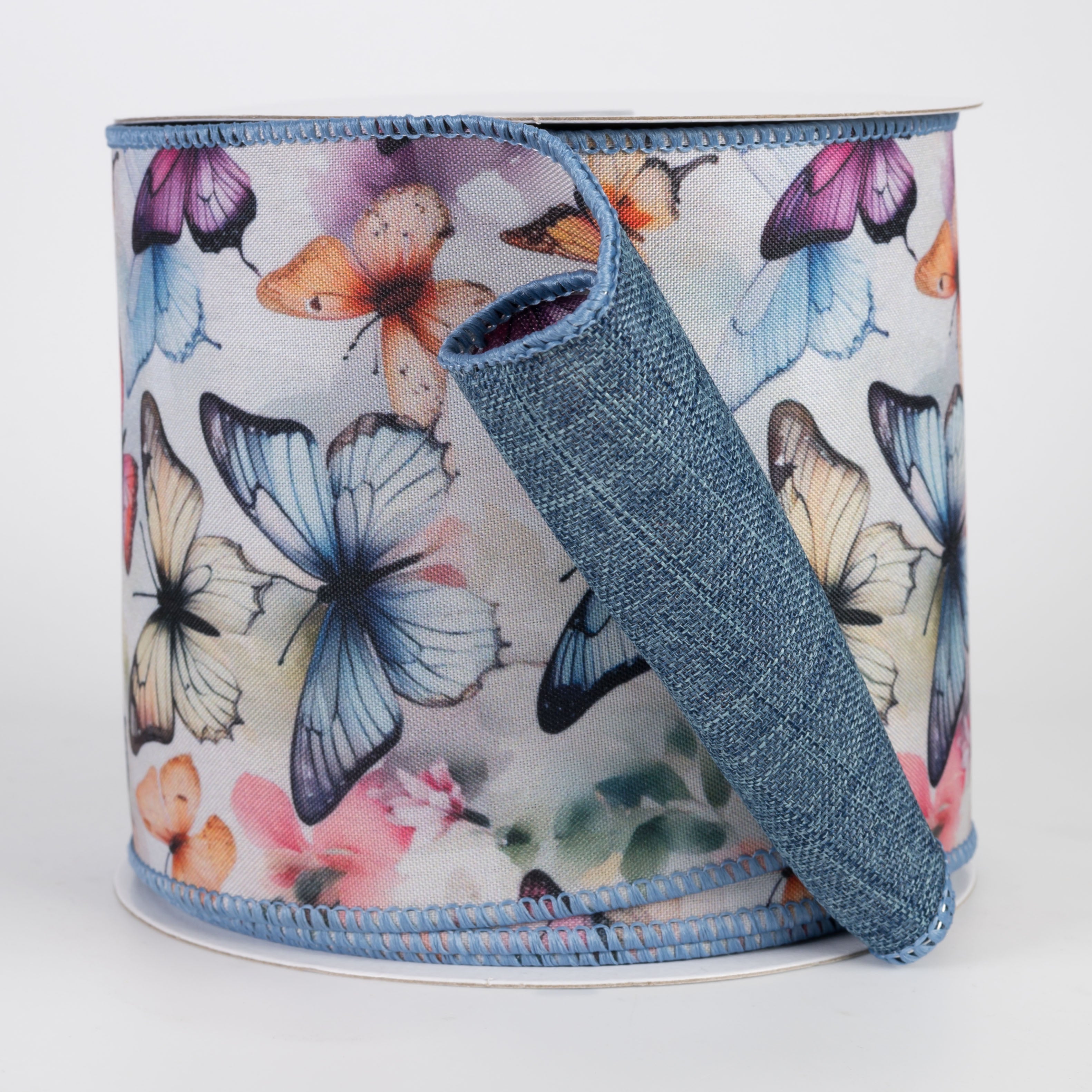 4" Double Sided Fused Watercolor Butterflies Ribbon: Denim Blue (10 Yards)