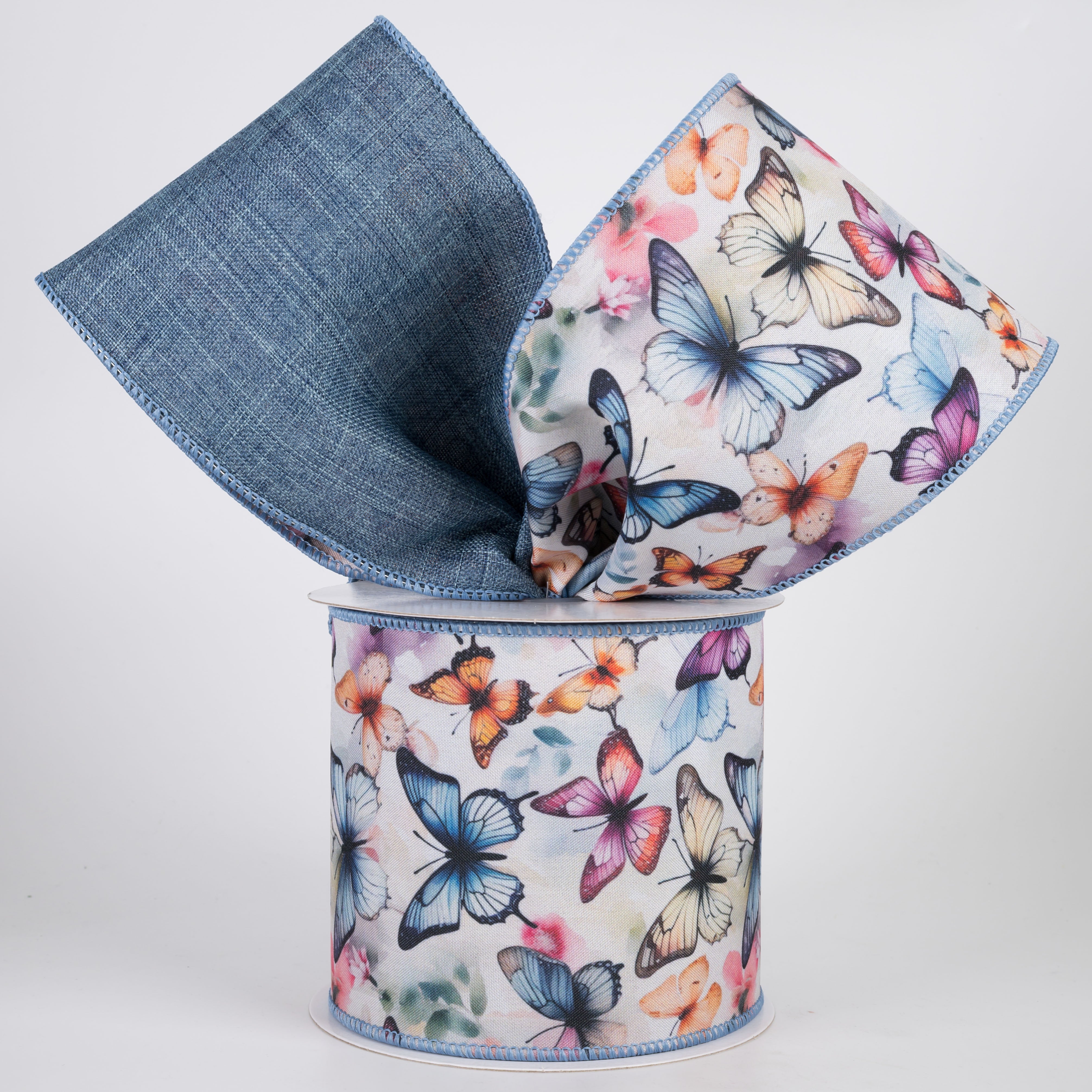 4" Double Sided Fused Watercolor Butterflies Ribbon: Denim Blue (10 Yards)