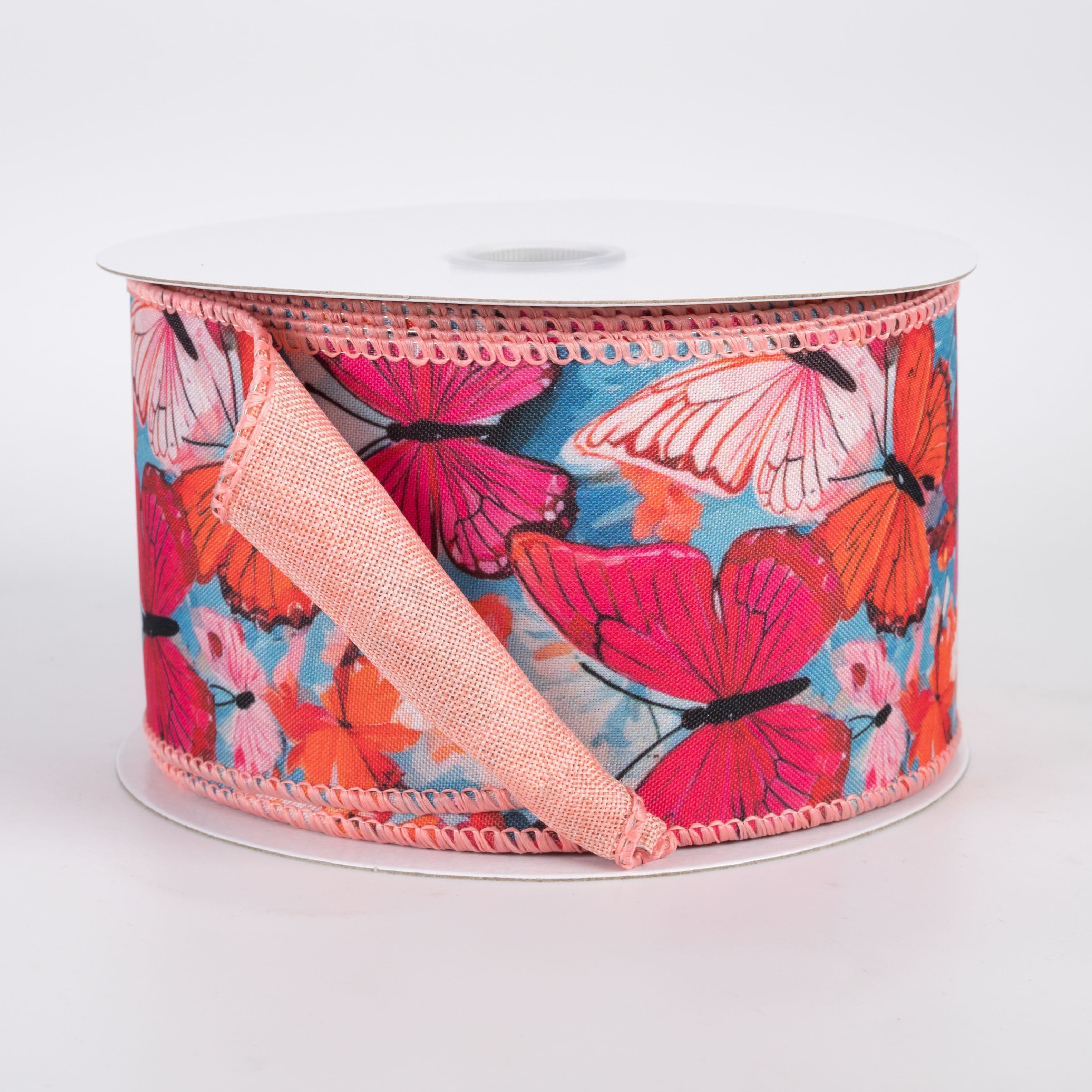 2.5" Double Sided Fused Oil Painting Butterflies Ribbon: Coral Orange (10 Yards)