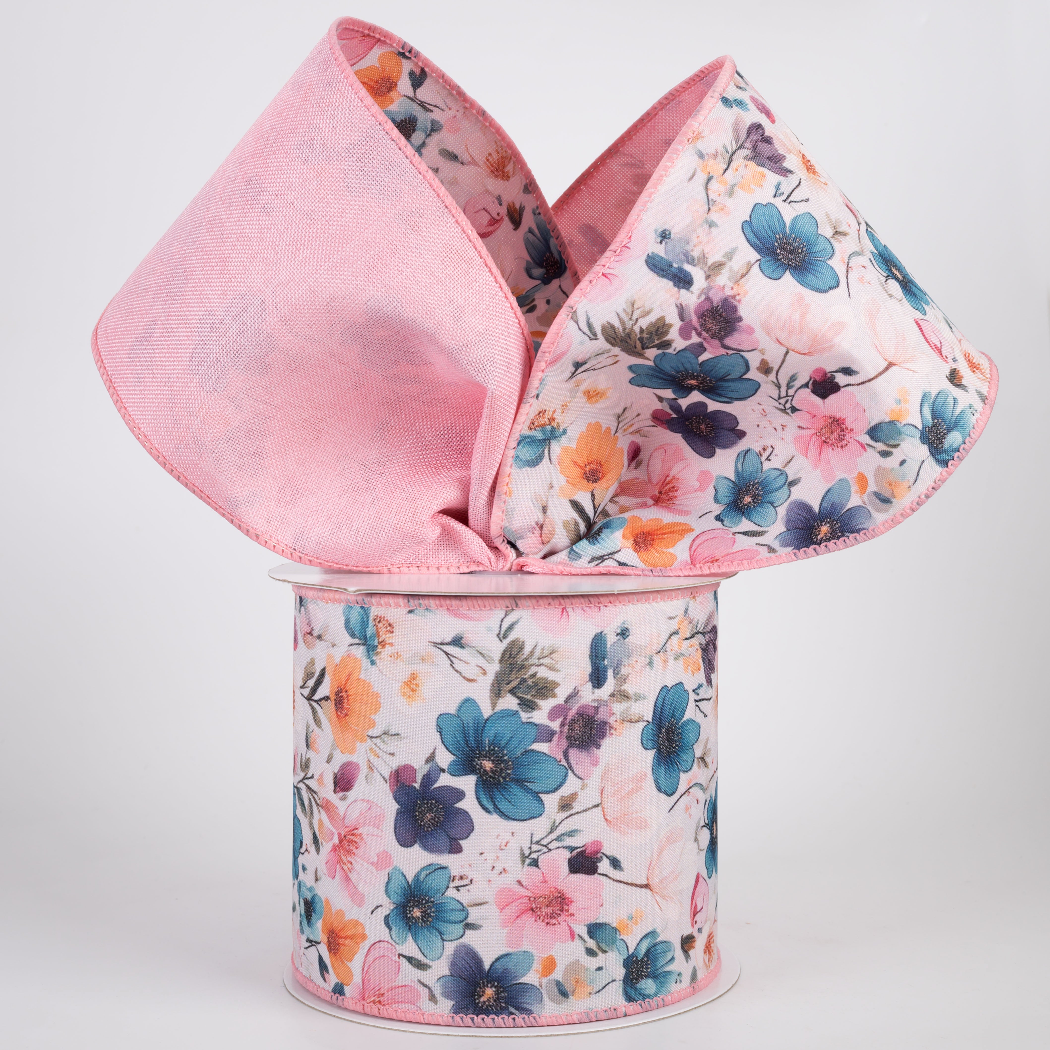 4" Double Sided Fused Dainty Flowers Ribbon: Blush Pink (10 Yards)
