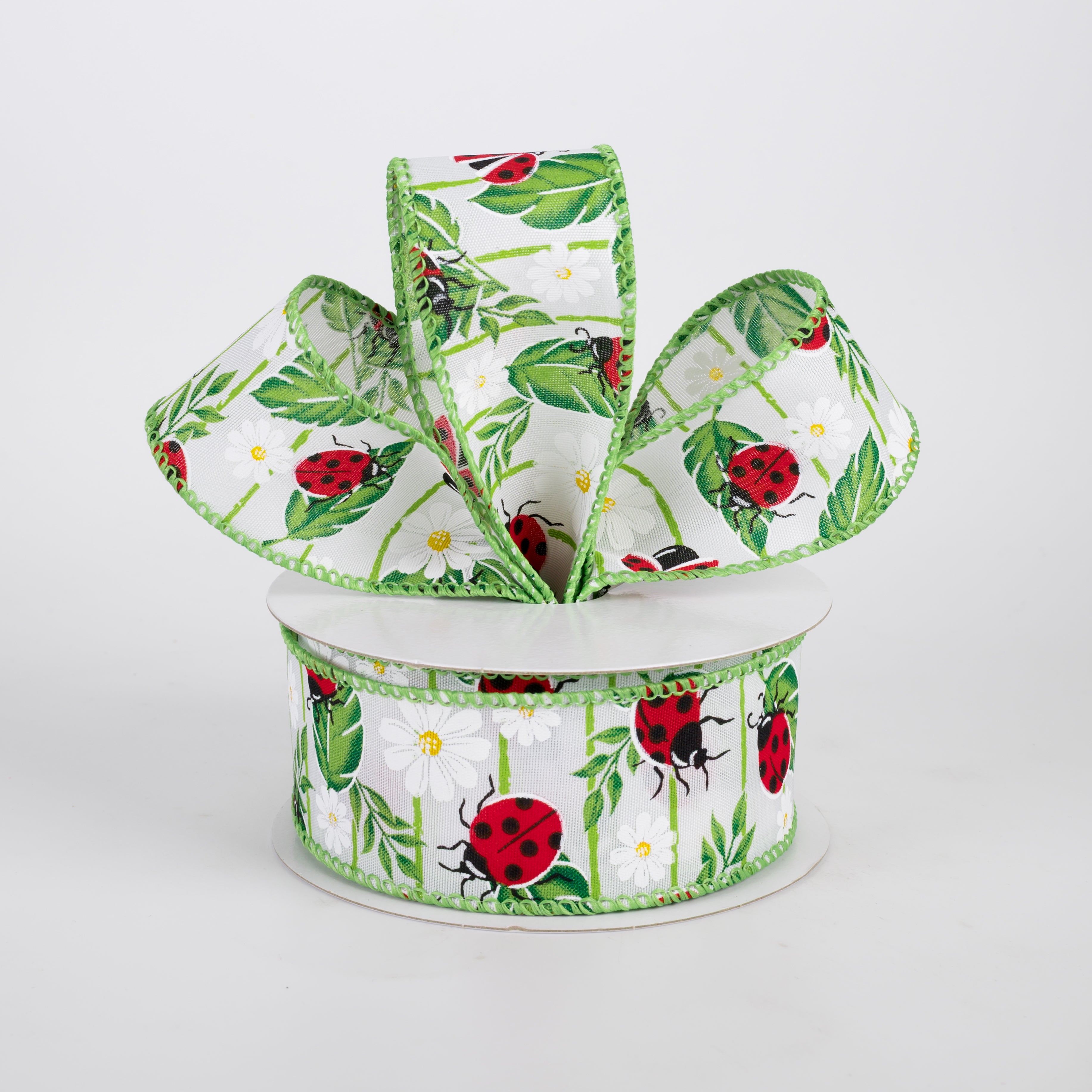 1.5" Satin Ladybugs on Leaves Ribbon: White (10 Yards)
