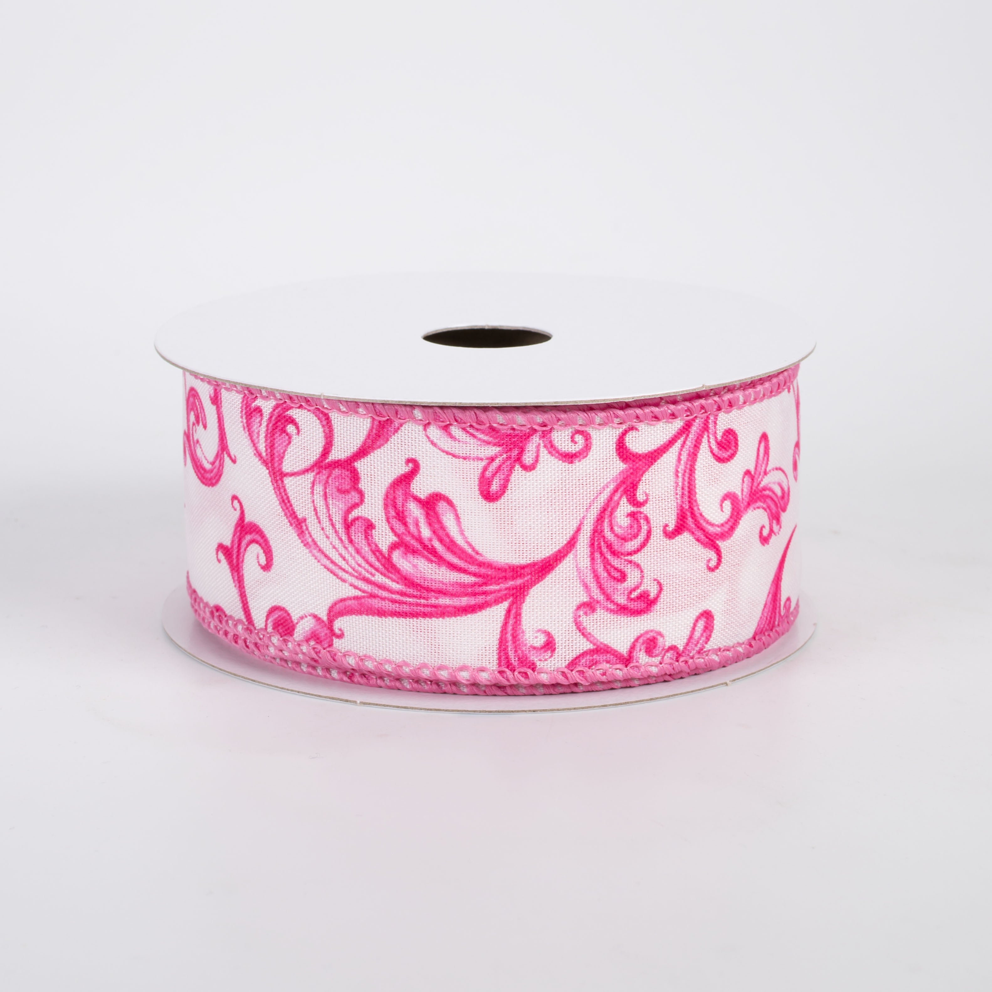 1.5" Satin Chinoiserie Swirls Ribbon: Hot Pink on White (10 Yards)