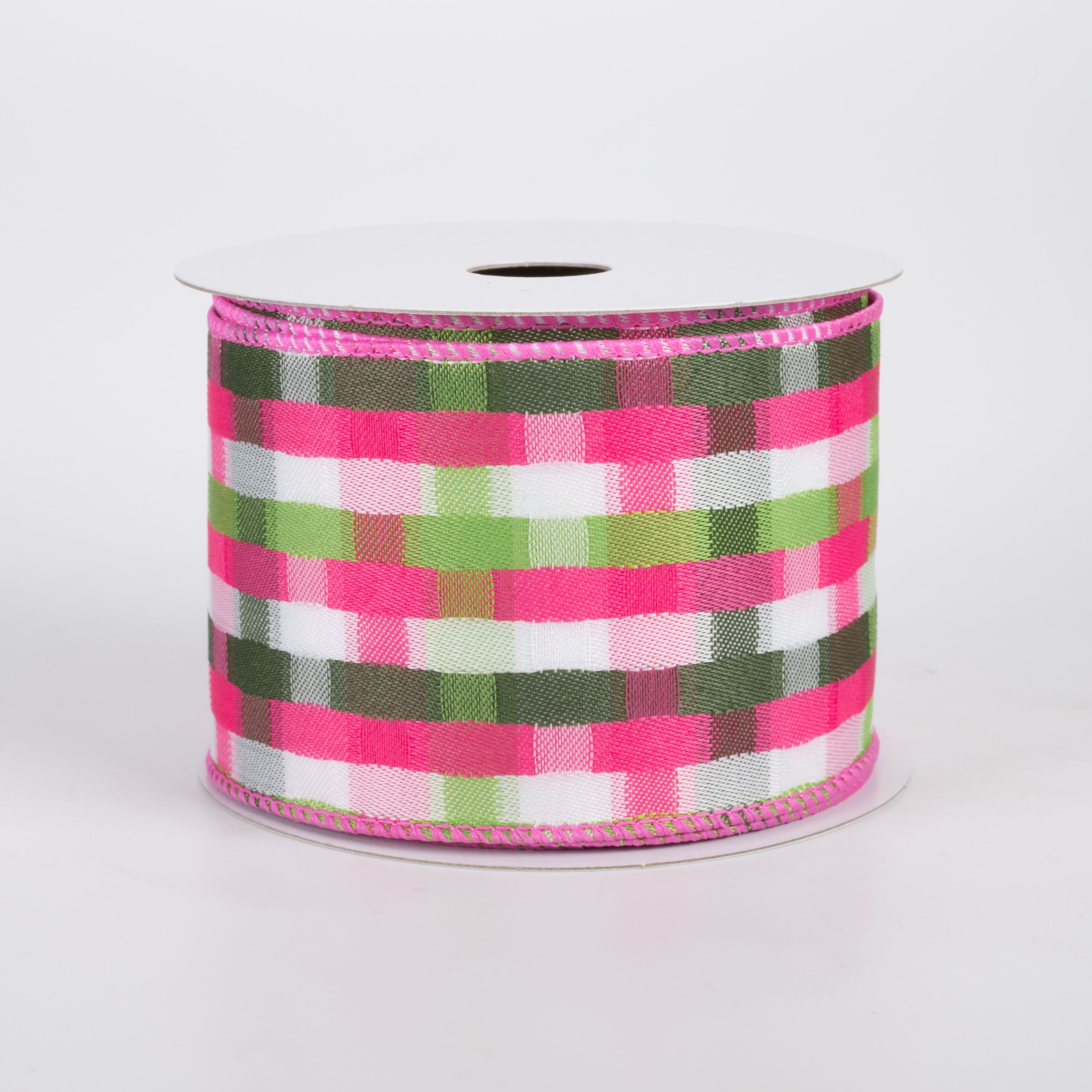 2.5" Mosaic Plaid Ribbon: Fuchsia, Lime, Moss & White (10 Yards)
